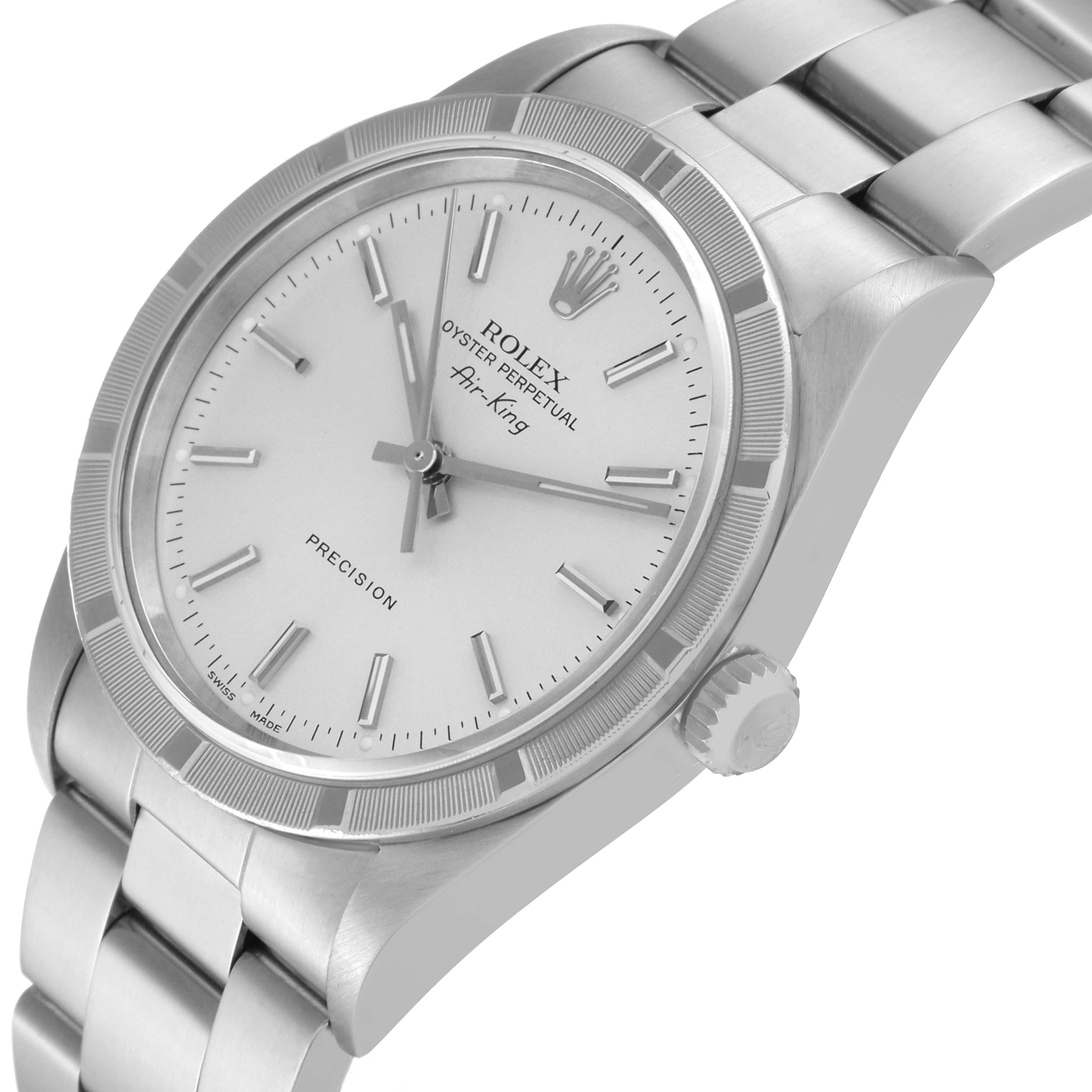 The image shows a close-up angled view of a Rolex Air-King 14010 Men's Stainless Steel Silver Dial 14010 Men's Stainless Steel Silver Dial watch, highlighting the dial, crown, and bracelet.