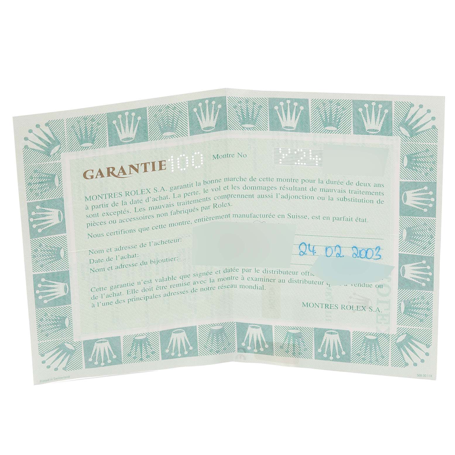 The image shows an open guarantee card for a Rolex Air-King 14010 Men's Stainless Steel Silver Dial 14010 Men's Stainless Steel Silver Dial watch, displaying warranty information.