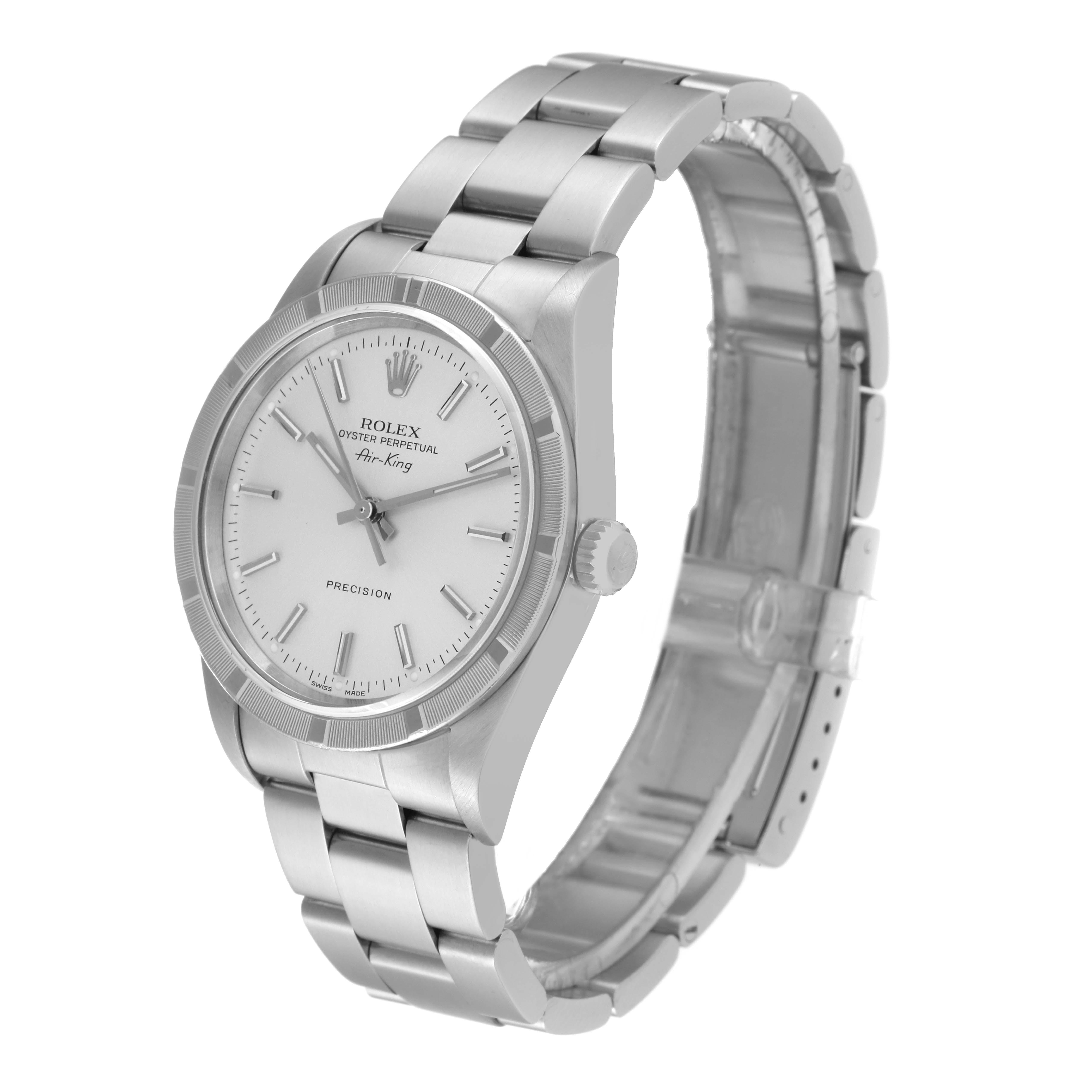 The image shows a Rolex Air-King 14010 Men's Stainless Steel Silver Dial 14010 Men's Stainless Steel Silver Dial watch angled to display the face, bezel, crown, and bracelet.