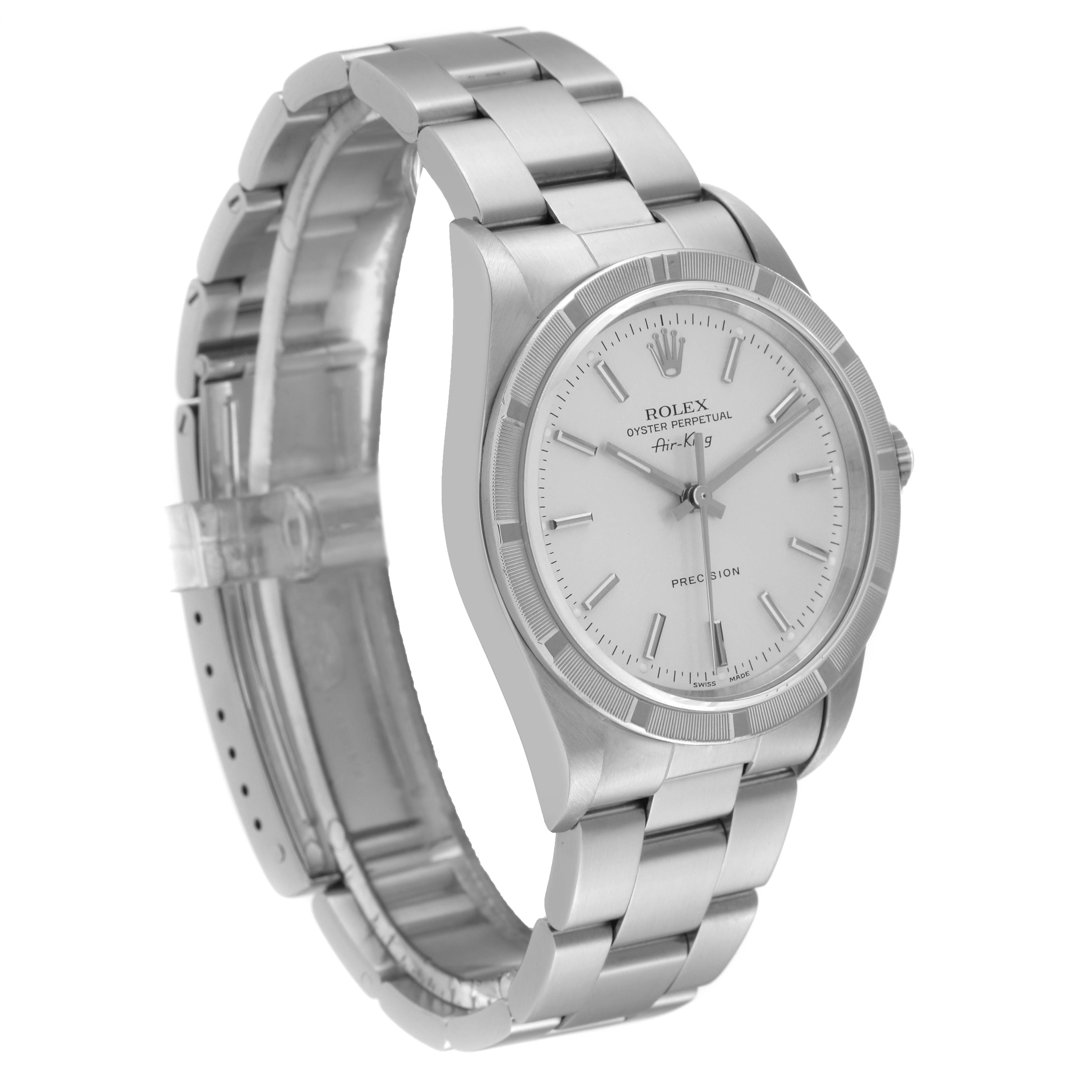 The Rolex Air-King 14010 Men's Stainless Steel Silver Dial 14010 Men's Stainless Steel Silver Dial watch is shown at a slight side angle, displaying the face, bezel, crown, and bracelet.