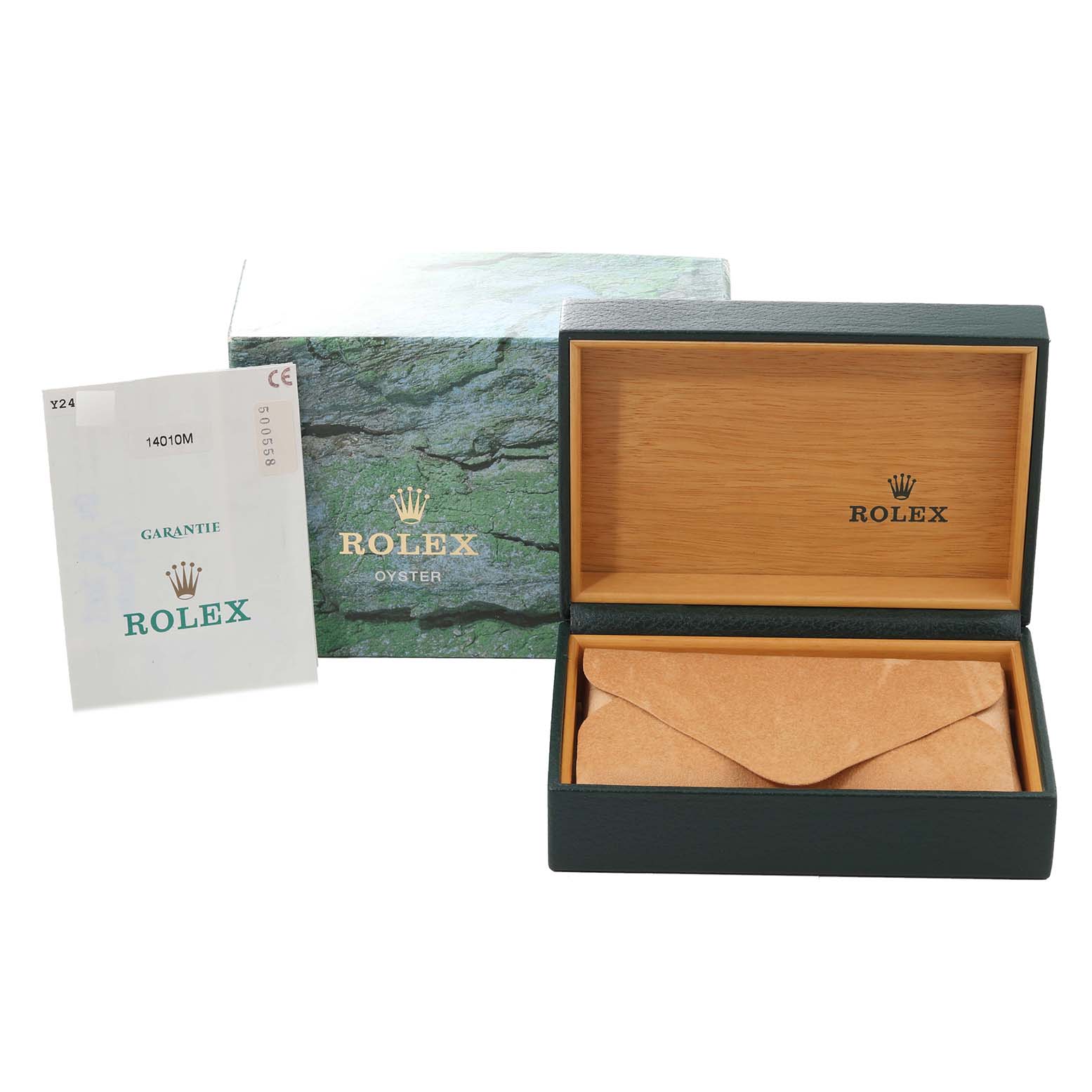 The image shows a Rolex Air-King 14010 Men's Stainless Steel Silver Dial 14010 Men's Stainless Steel Silver Dial watch box, guarantee card, and outer packaging from a front angle.