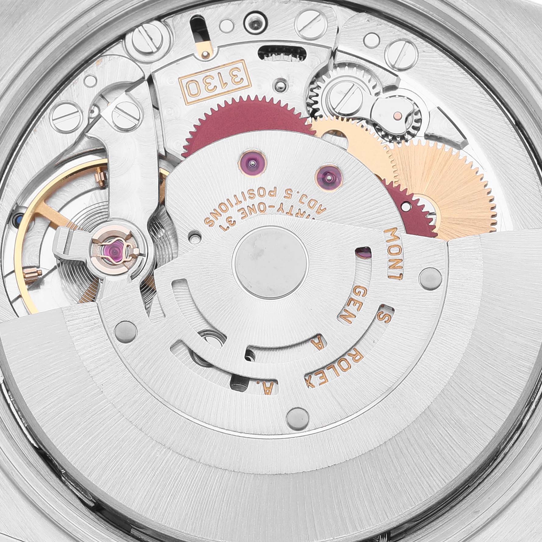 The image shows a close-up view of the intricate internal movement mechanism of a Rolex Air-King 14010 Men's Stainless Steel Silver Dial 14010 Men's Stainless Steel Silver Dial watch.