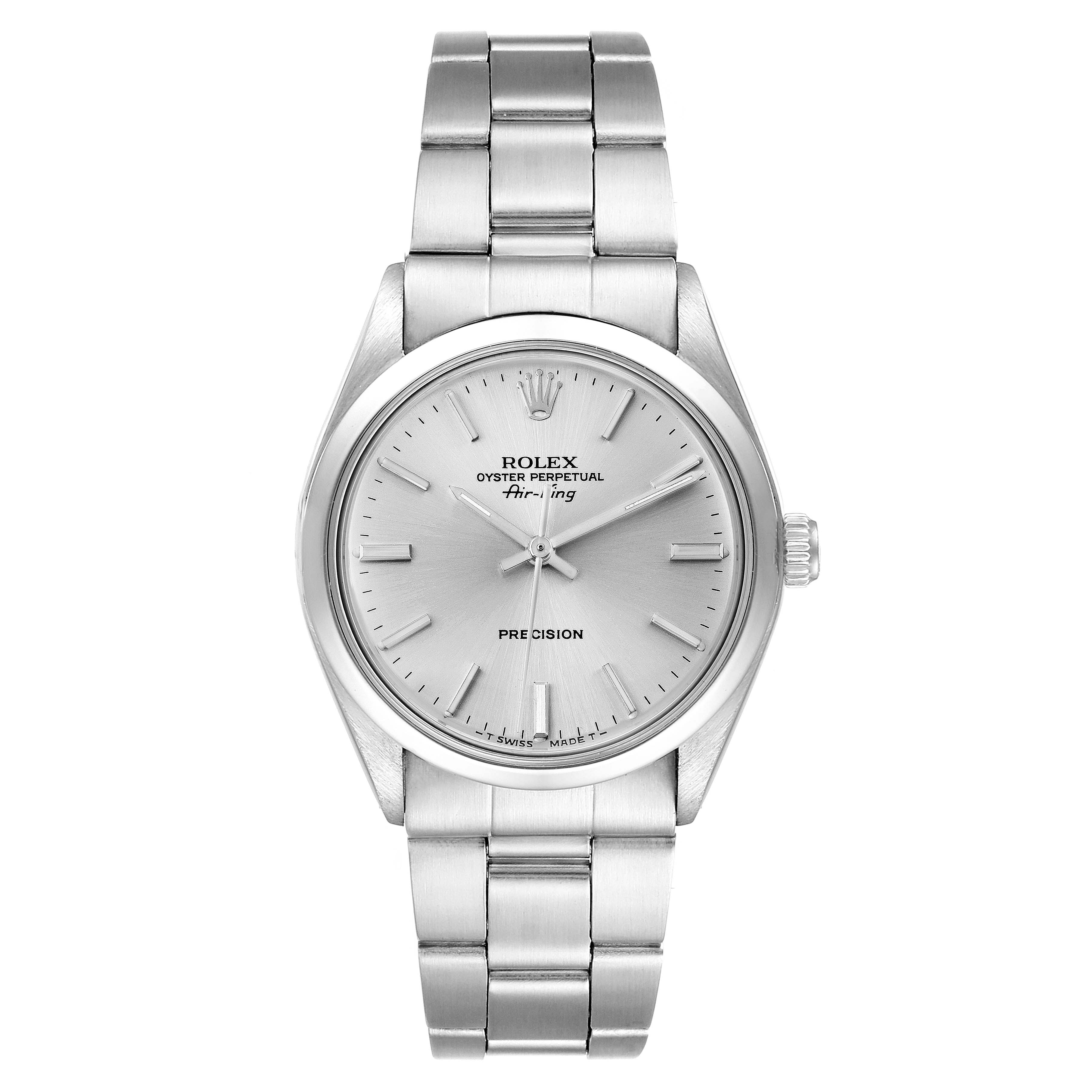 This image shows a front view of the Rolex Vintage Collection 5500 Men
s Stainless Steel Silver Dial 5500 Men
s Stainless Steel Silver Dial Oyster Perpetual Air-King watch, displaying its dial, bezel, and bracelet.