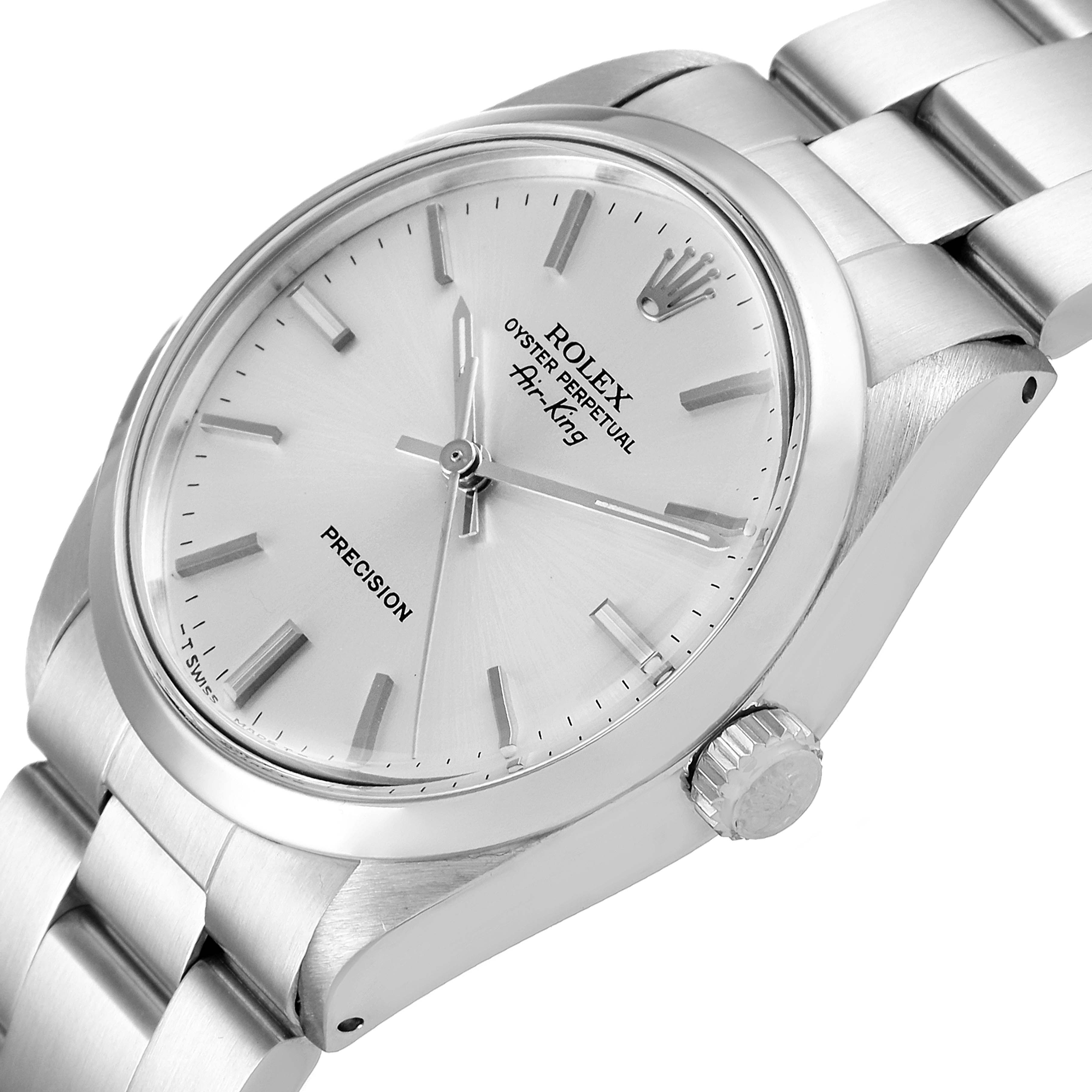 This image shows a side and angled close-up of the Rolex Vintage Collection 5500 Men
s Stainless Steel Silver Dial 5500 Men
s Stainless Steel Silver Dial watch face and bracelet.