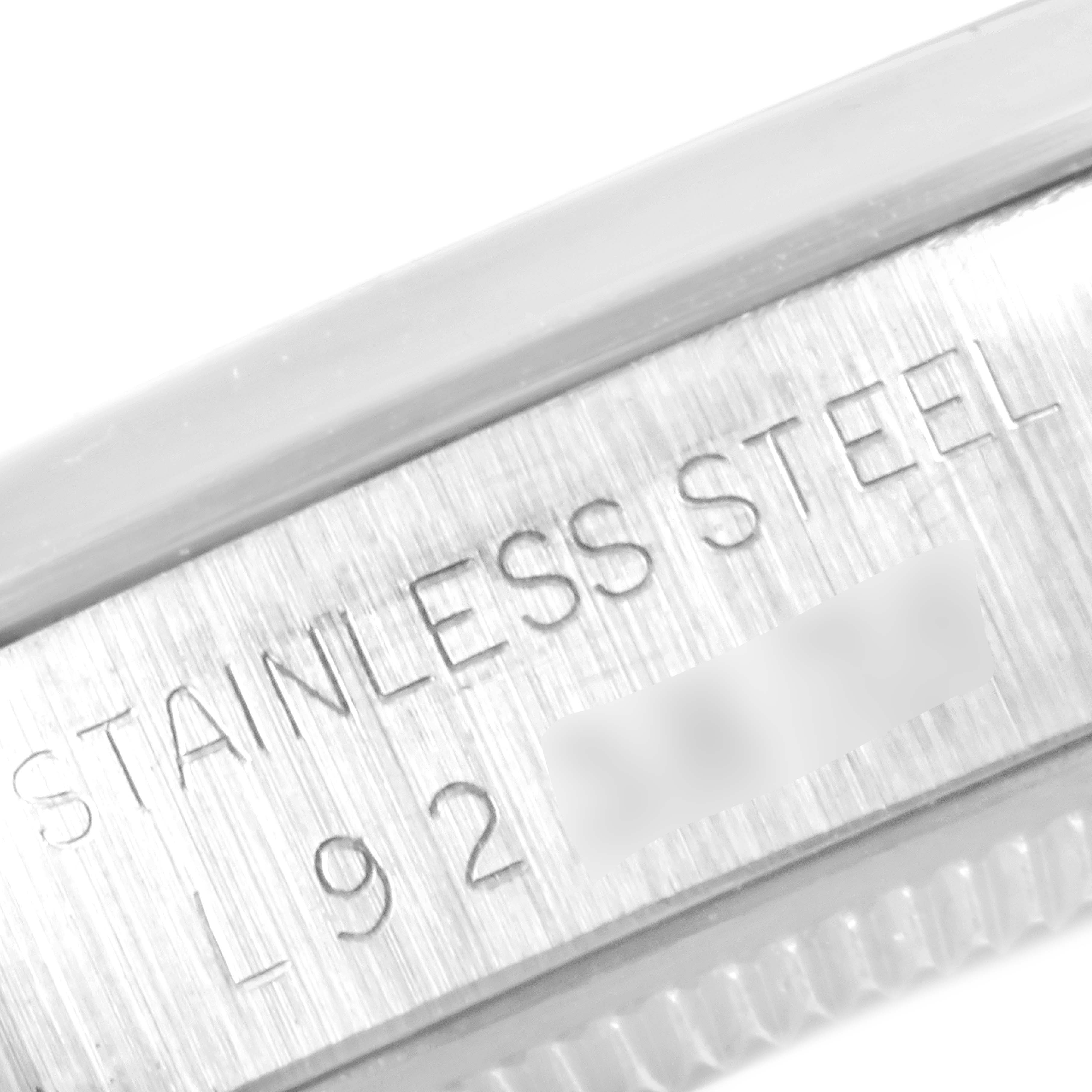 This close-up image shows the engraved markings on the stainless steel side of the Rolex Vintage Collection 5500 Men
s Stainless Steel Silver Dial 5500 Men
s Stainless Steel Silver Dial watch case.