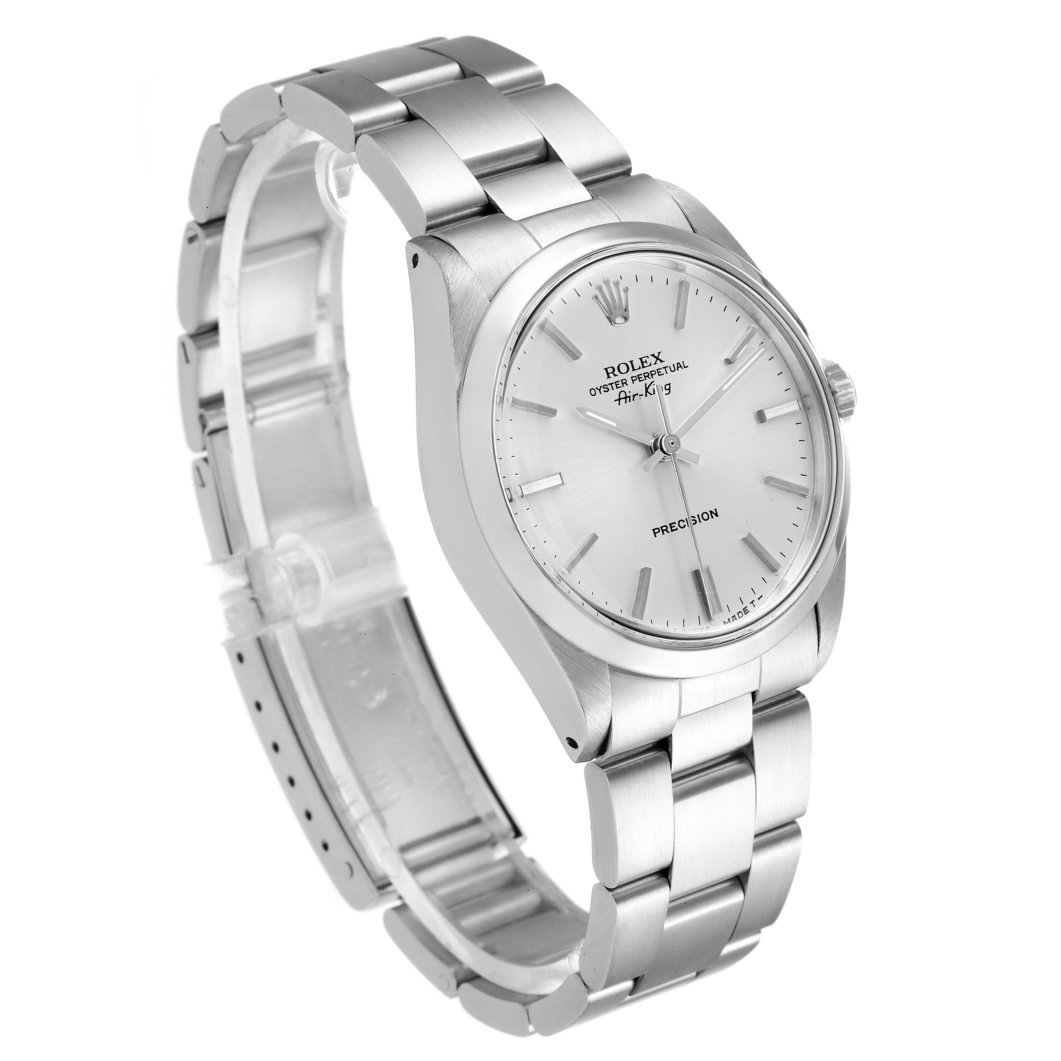 The Rolex Vintage Collection 5500 Men
s Stainless Steel Silver Dial 5500 Men
s Stainless Steel Silver Dial watch is shown from an angled side view, displaying the face, bezel, case, and bracelet.