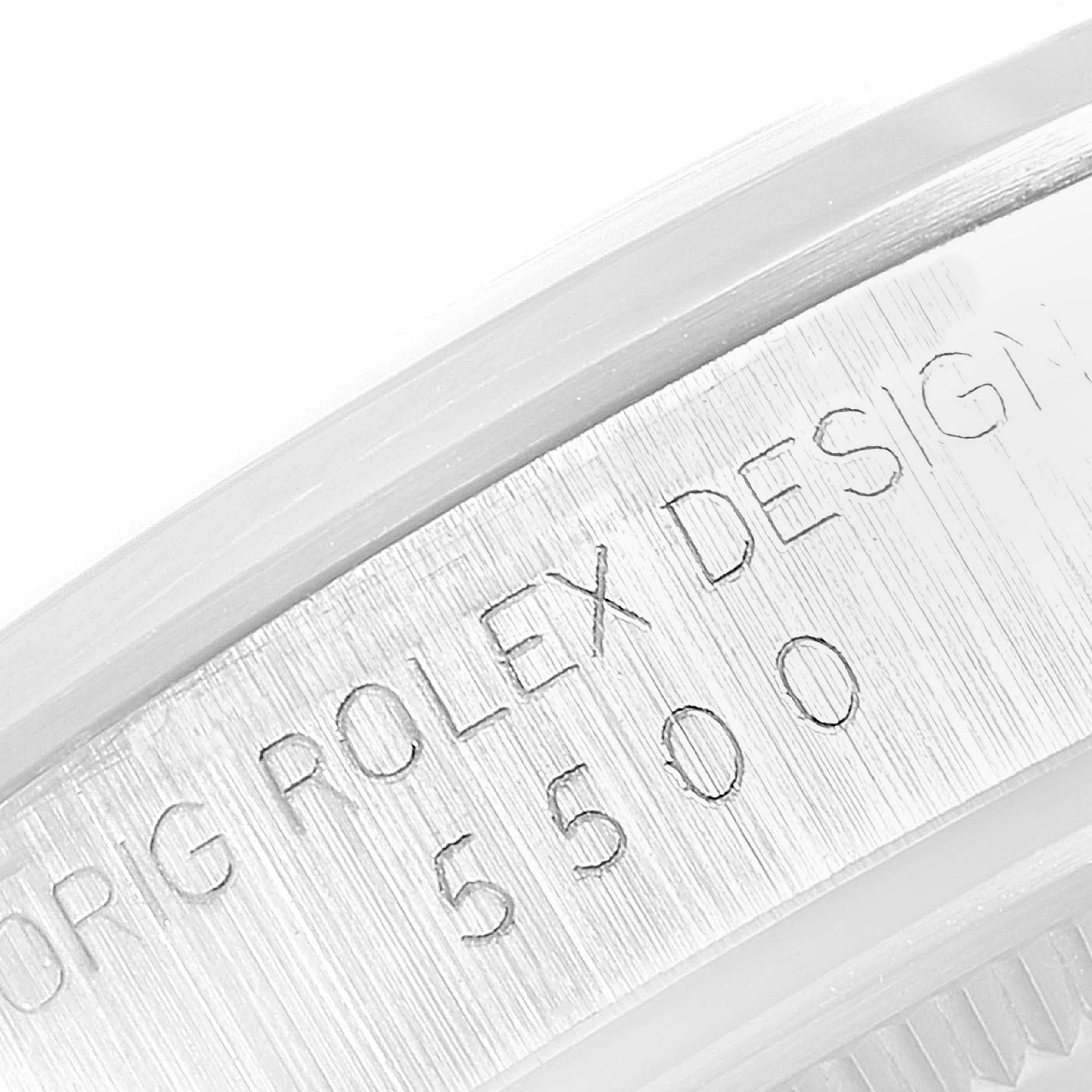 This close-up image shows the engraved model number and design details on the side of the Rolex Vintage Collection 5500 Men
s Stainless Steel Silver Dial 5500 Men
s Stainless Steel Silver Dial watch case.