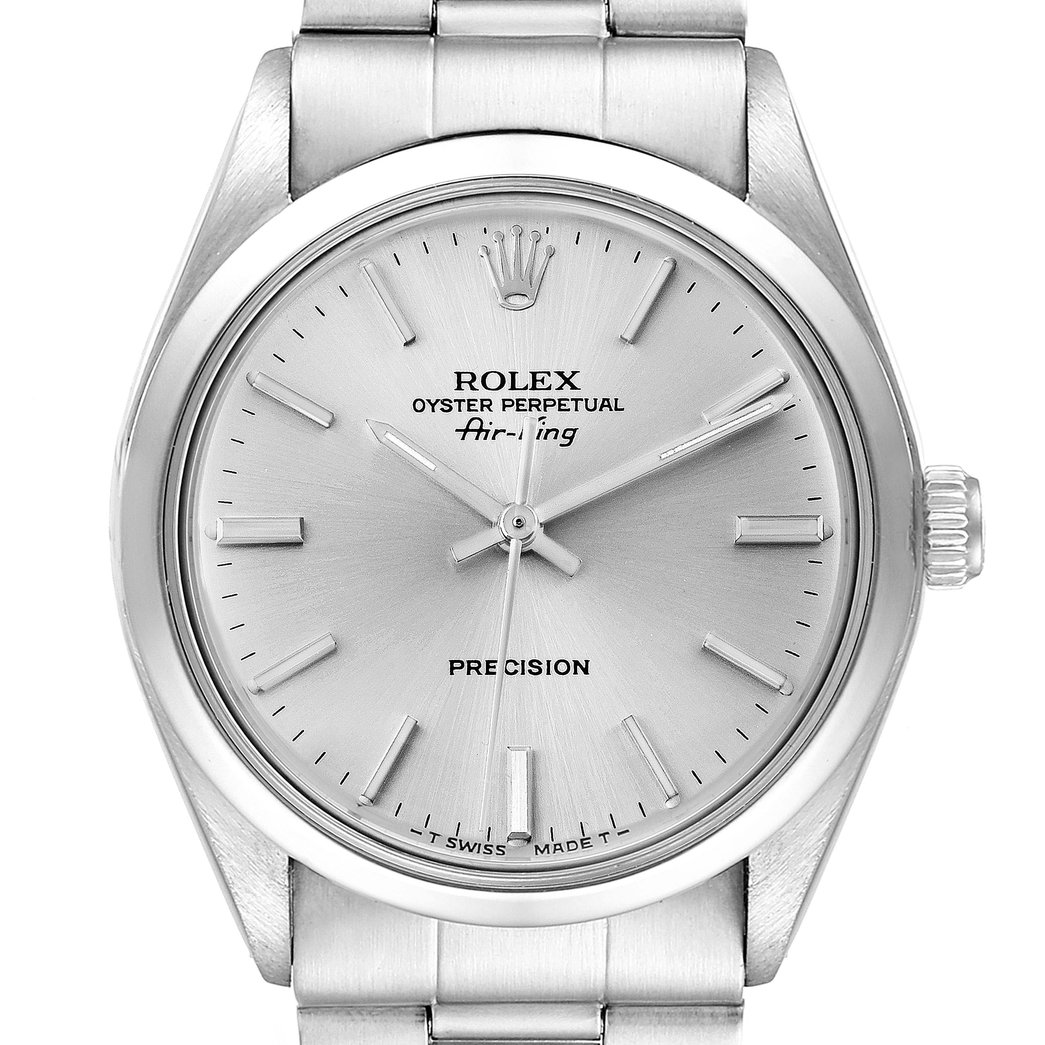 This image shows a front view of the Rolex Vintage Collection 5500 Men
s Stainless Steel Silver Dial 5500 Men
s Stainless Steel Silver Dial model, displaying the watch face and part of the bracelet.