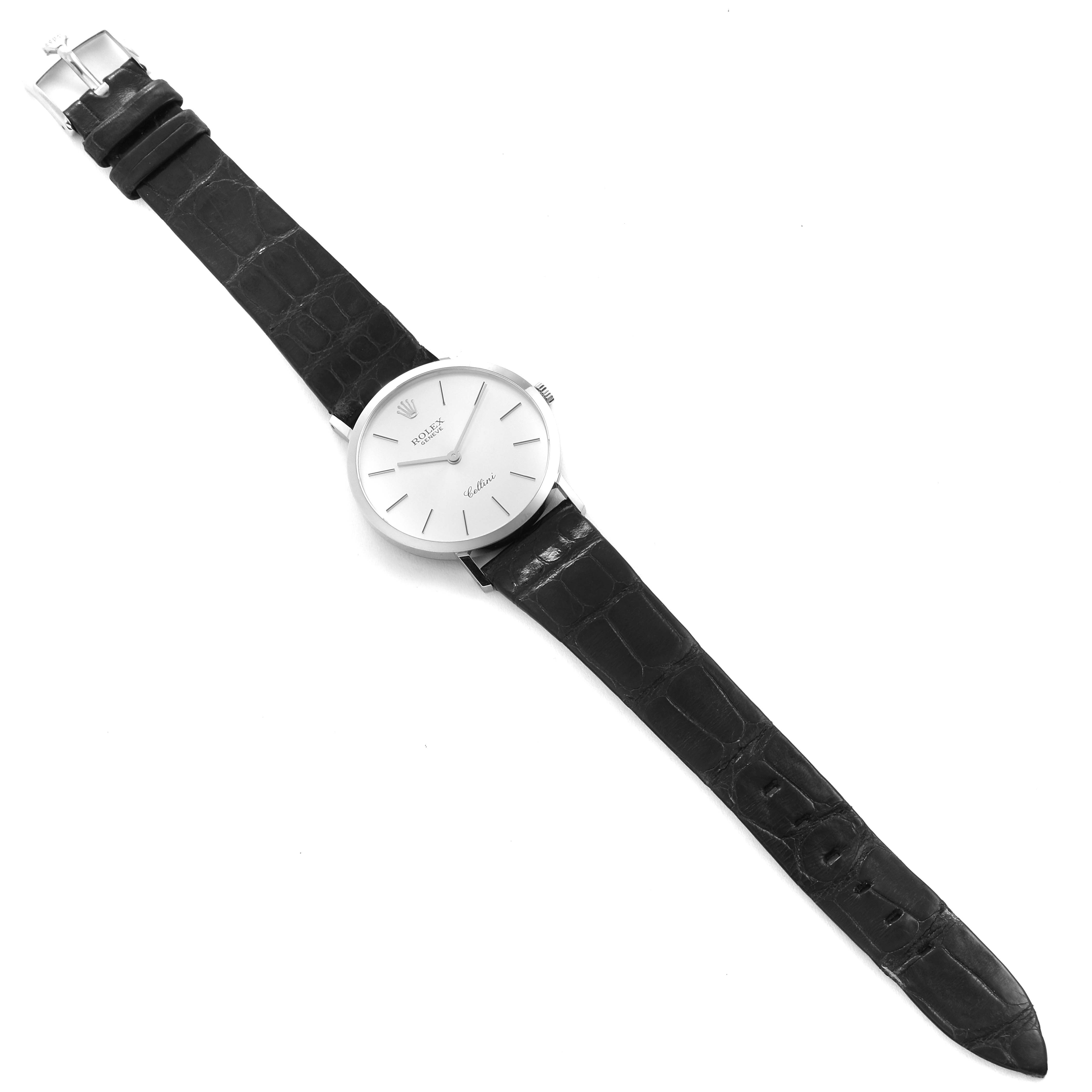 The Rolex Cellini 4112 Men's Stainless Steel Silver Dial 4112 Men's Stainless Steel Silver Dial watch is shown in a top-down view, displaying its face, strap, and buckle.