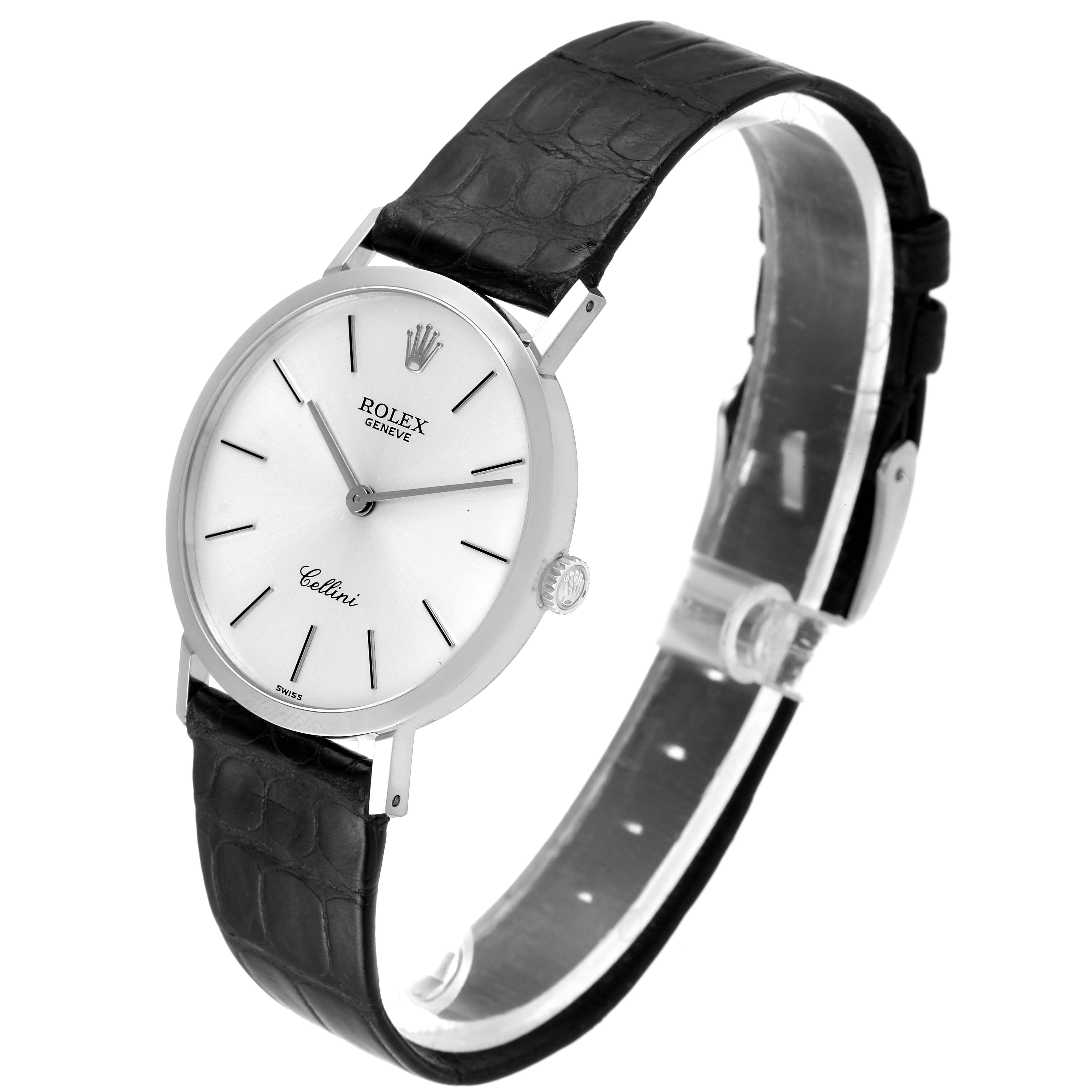 The image shows an angled view of the Rolex Cellini 4112 Men's Stainless Steel Silver Dial 4112 Men's Stainless Steel Silver Dial watch, featuring its face, bezel, crown, and black leather strap.