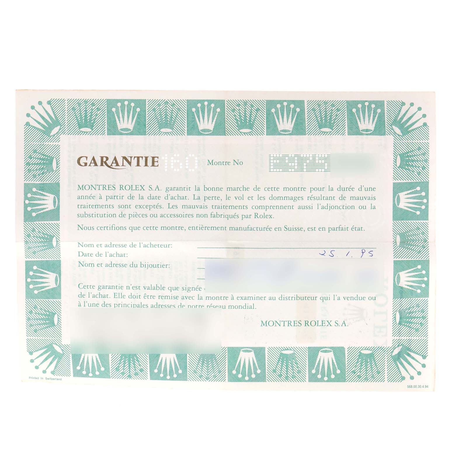 This image shows the warranty card for the Rolex Cellini 4112 Men's Stainless Steel Silver Dial 4112 Men's Stainless Steel Silver Dial watch.