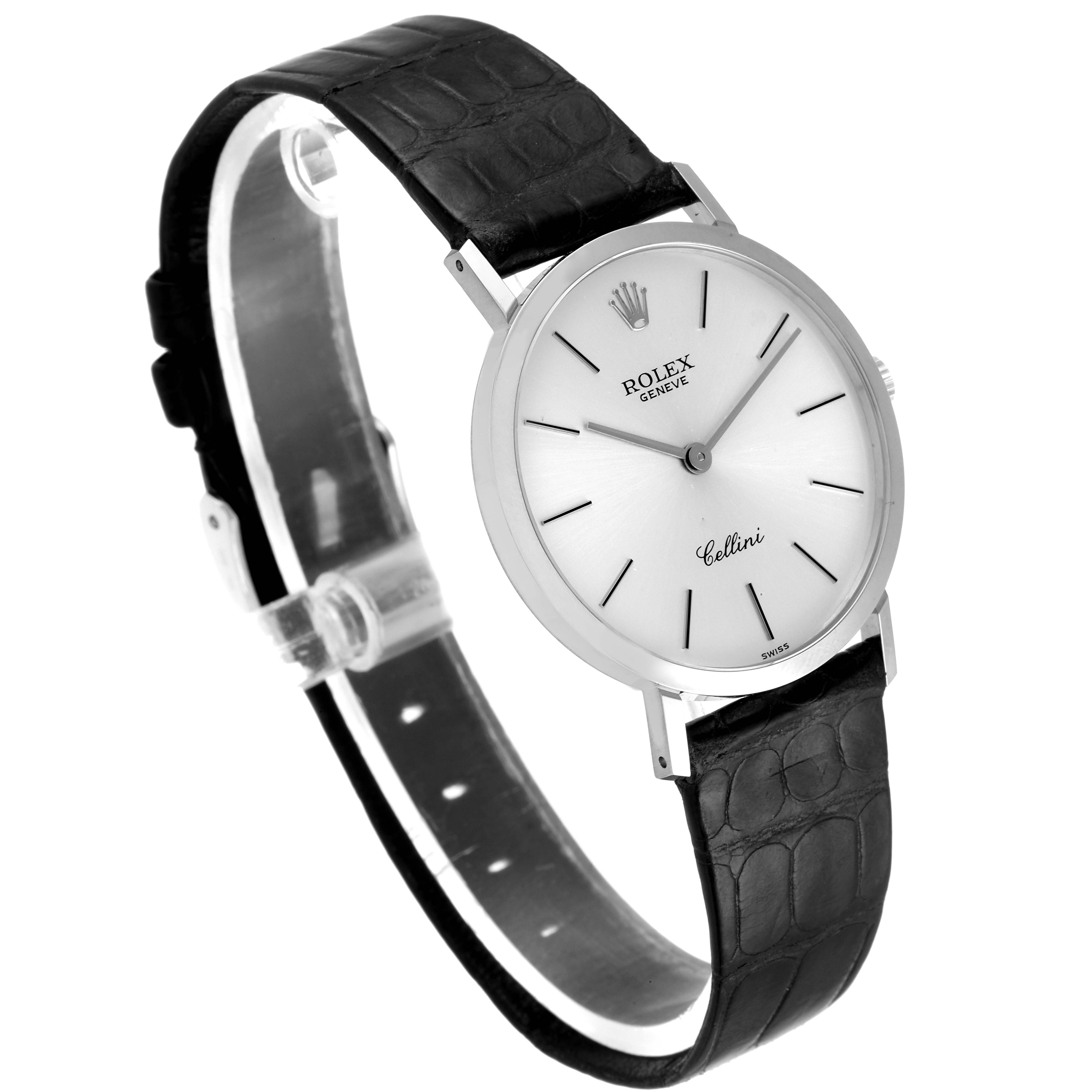 This image shows a Rolex Cellini 4112 Men's Stainless Steel Silver Dial 4112 Men's Stainless Steel Silver Dial watch at an angle, displaying the watch face, hands, case, and leather strap.