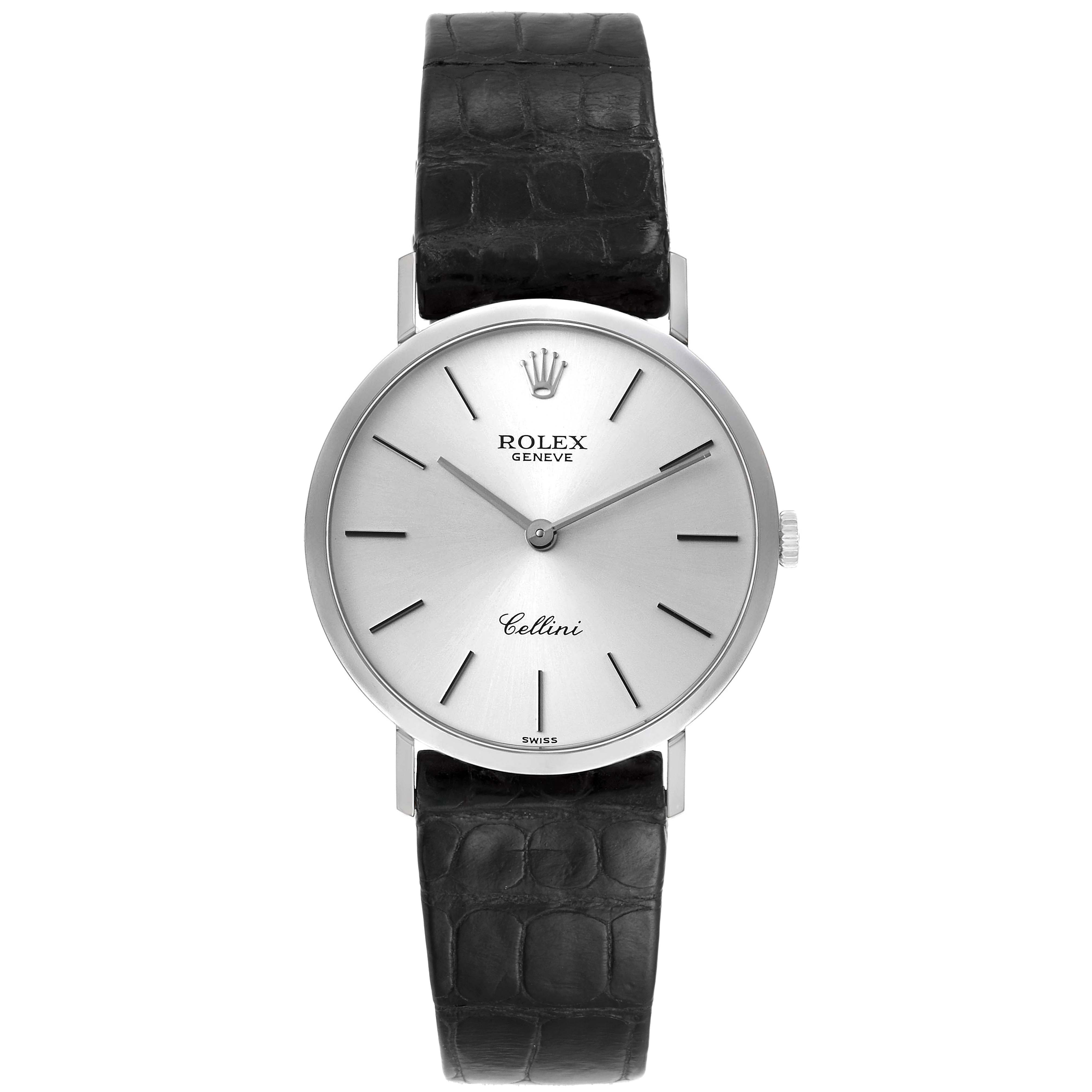 This image shows a front view of a Rolex Cellini 4112 Men's Stainless Steel Silver Dial 4112 Men's Stainless Steel Silver Dial watch with a black leather strap and silver dial.