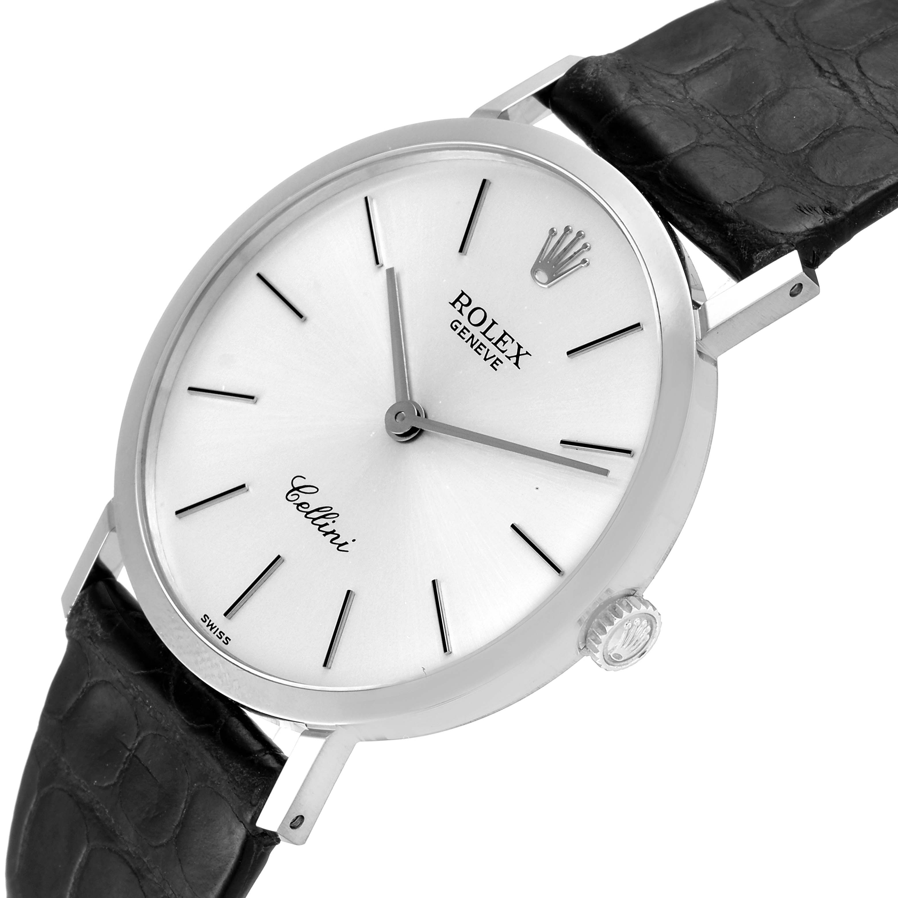 The Rolex Cellini 4112 Men's Stainless Steel Silver Dial 4112 Men's Stainless Steel Silver Dial watch is shown at an angled top-down perspective, highlighting its face, crown, and black leather strap.