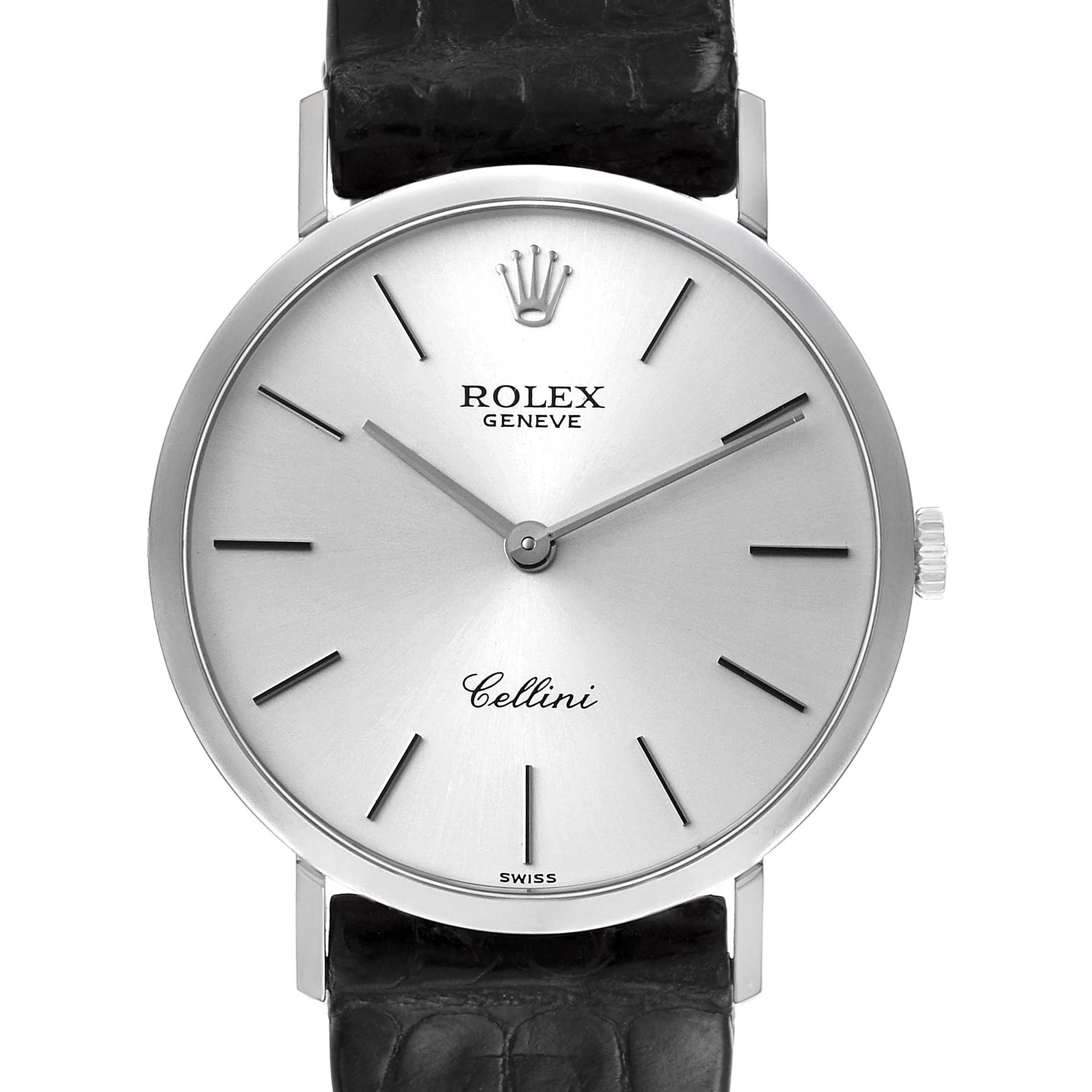 The image shows a front view of the Rolex Cellini 4112 Men's Stainless Steel Silver Dial 4112 Men's Stainless Steel Silver Dial watch, highlighting its dial, markers, hands, crown, and strap.