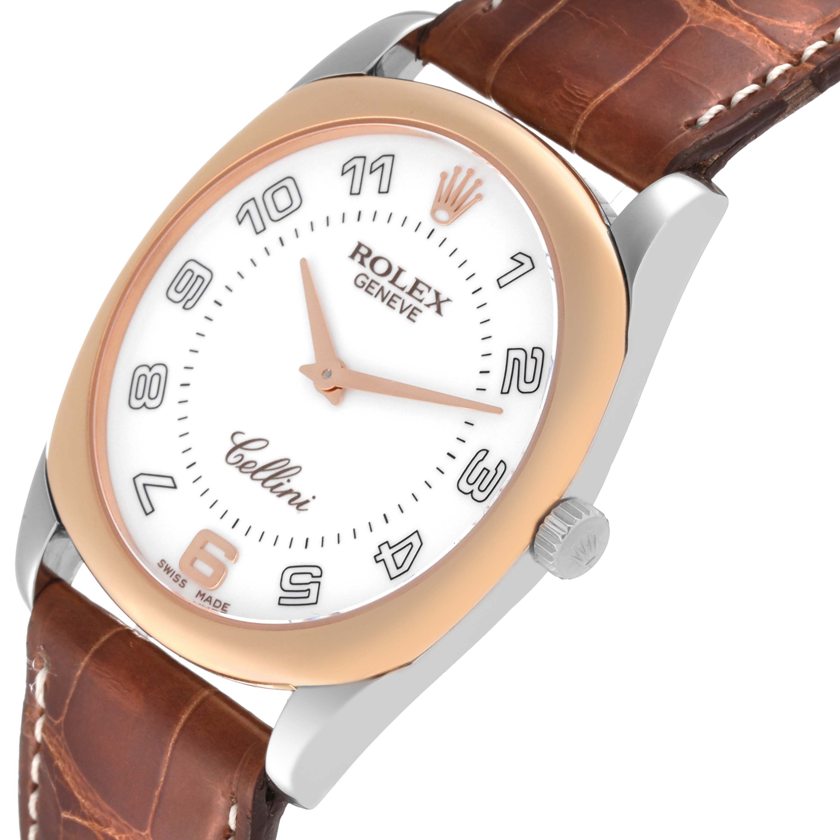 The image shows a close-up of the Rolex Cellini 4233 Men's Rose Gold White Dial 4233 Men's Rose Gold White Dial watch face, crown, bezel, and part of the brown leather strap.