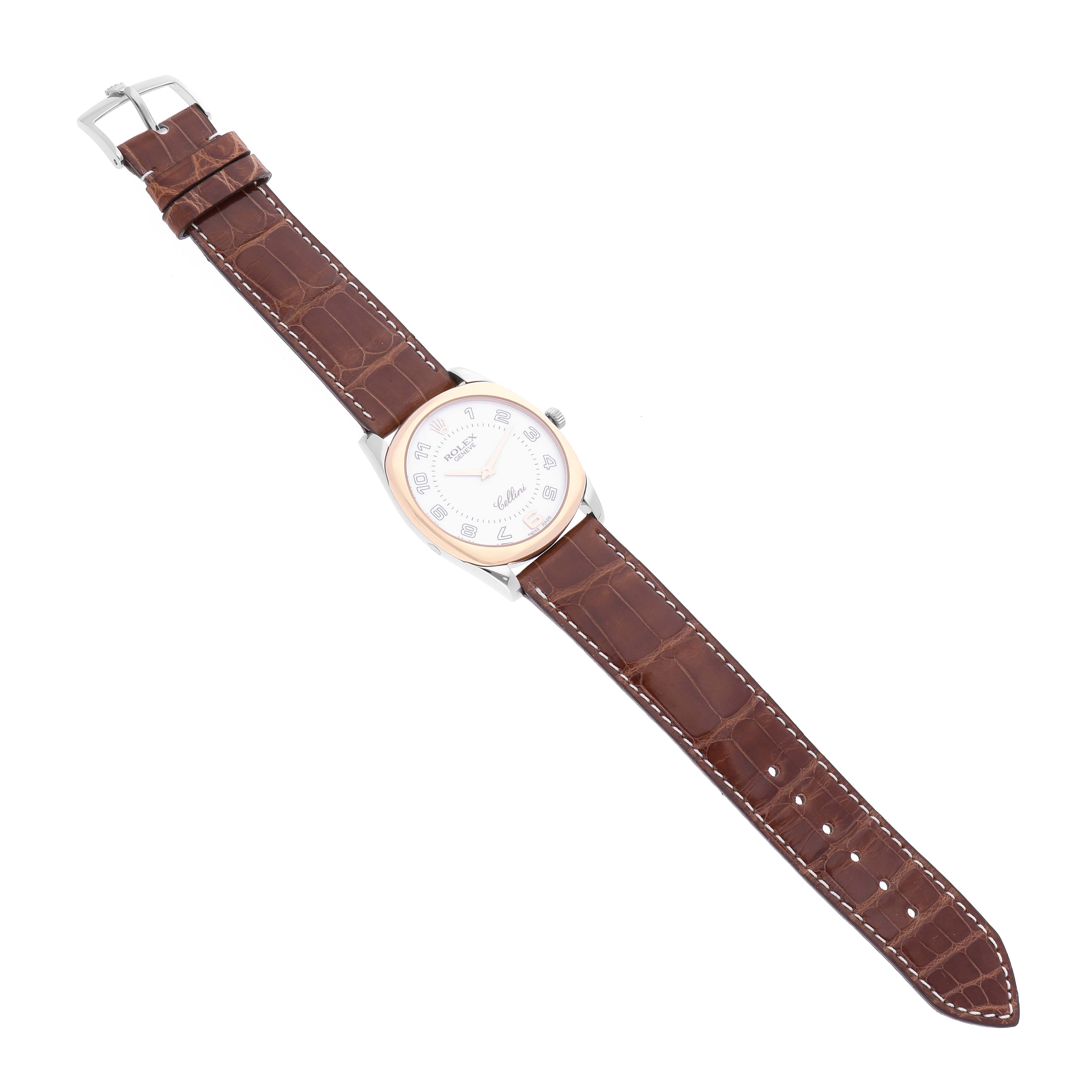 This image shows a top-down view of a Rolex Cellini 4233 Men's Rose Gold White Dial 4233 Men's Rose Gold White Dial watch with a brown leather strap and silver circular face.