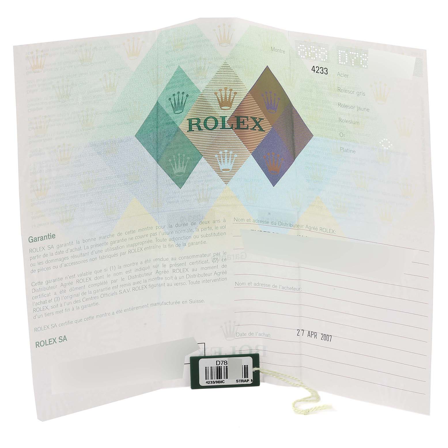 The image shows the warranty card and hang tag for a Rolex Cellini 4233 Men's Rose Gold White Dial 4233 Men's Rose Gold White Dial model.