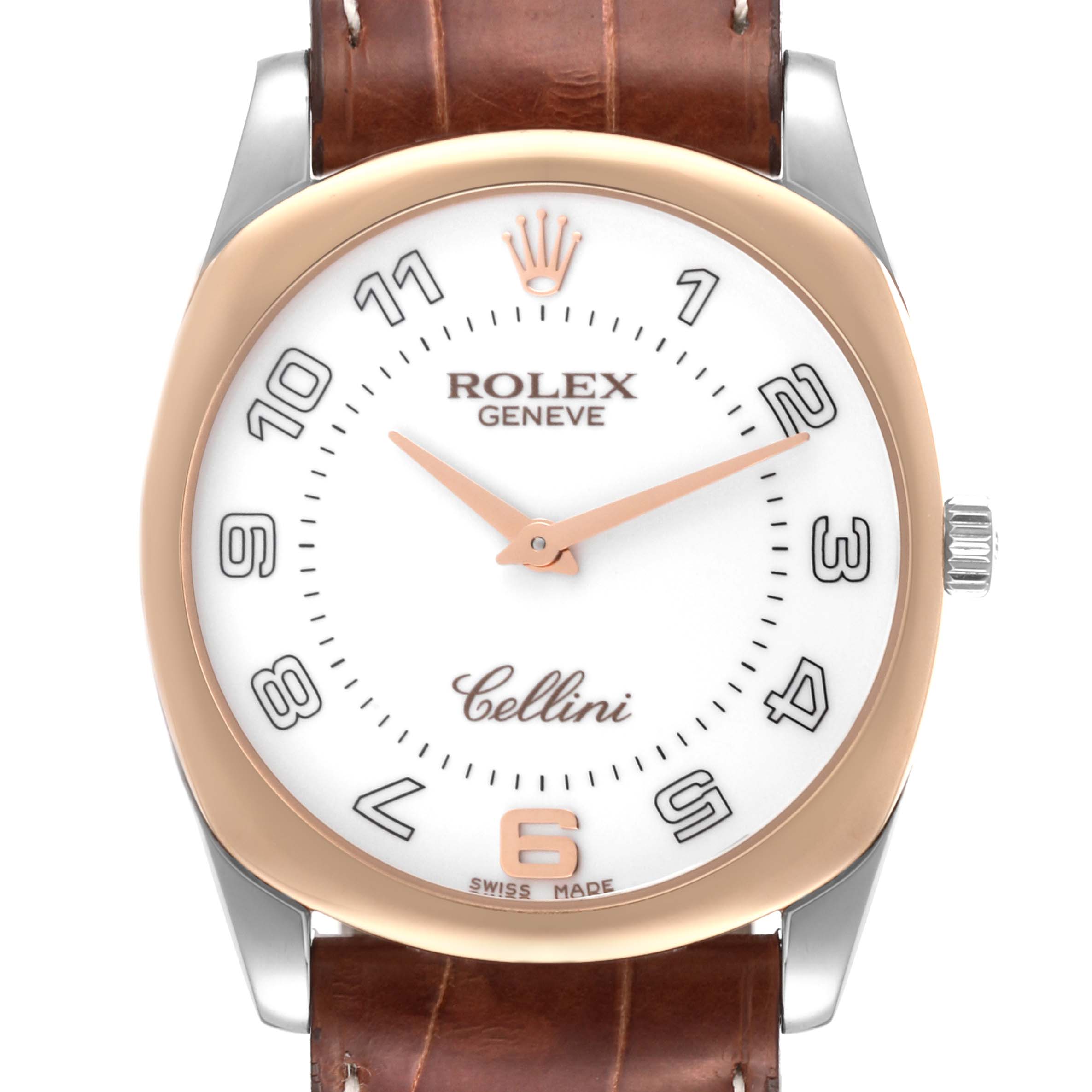 This image shows a front angle of a Rolex Cellini 4233 Men's Rose Gold White Dial 4233 Men's Rose Gold White Dial watch with a white dial, brown leather strap, and gold bezel.