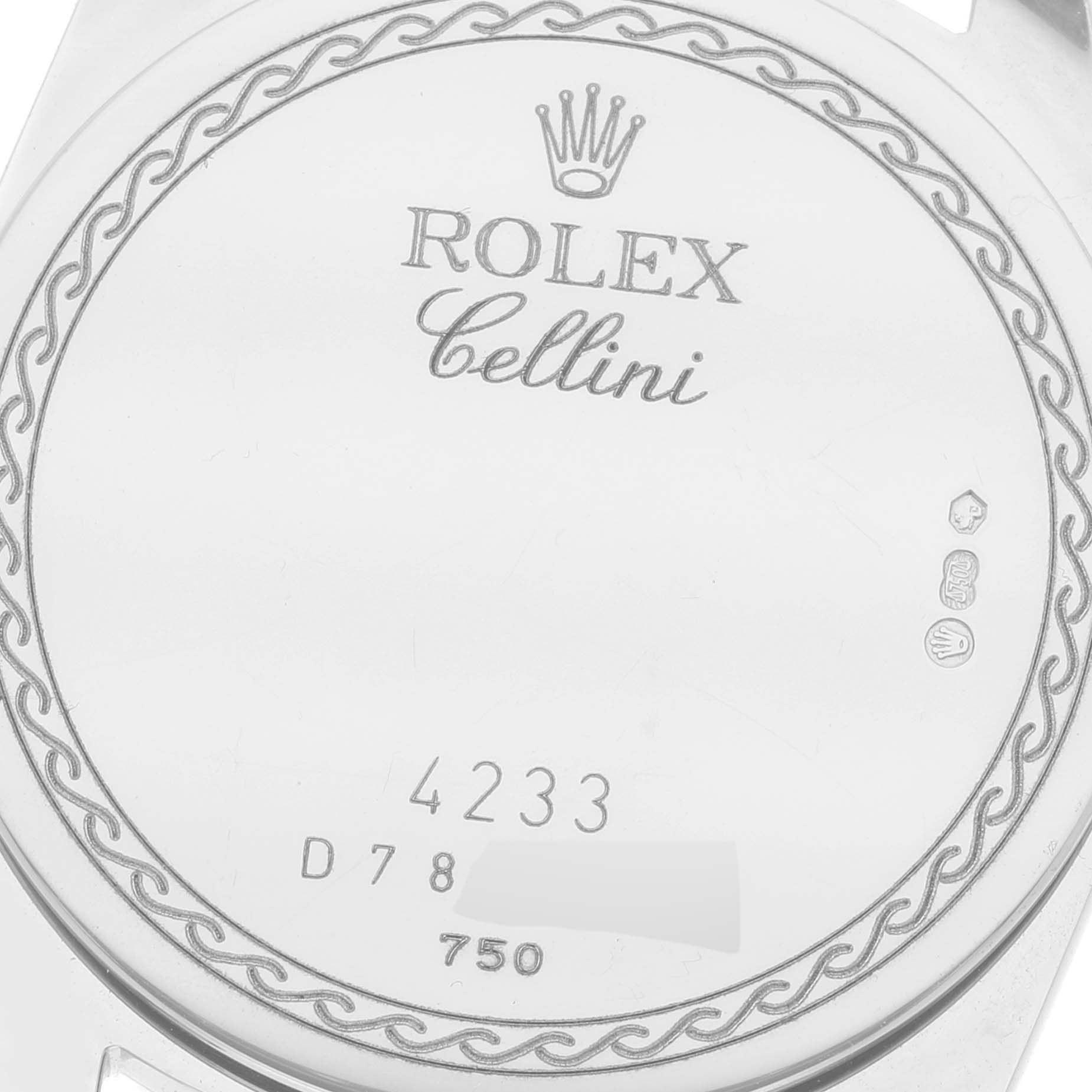 This image shows the back casing of a Rolex Cellini 4233 Men's Rose Gold White Dial 4233 Men's Rose Gold White Dial watch featuring the model number and Rolex branding.