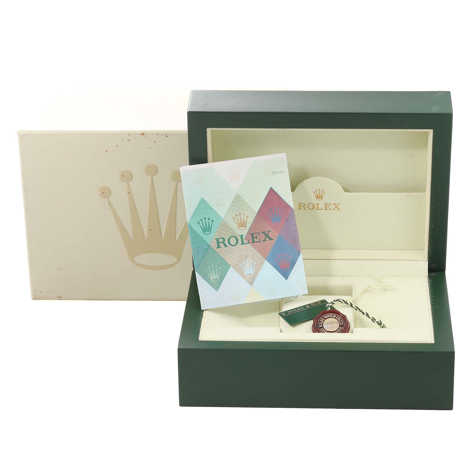 The image shows the packaging and accessories of a Rolex Cellini 4233 Men's Rose Gold White Dial 4233 Men's Rose Gold White Dial watch, including the box, booklet, and tag.