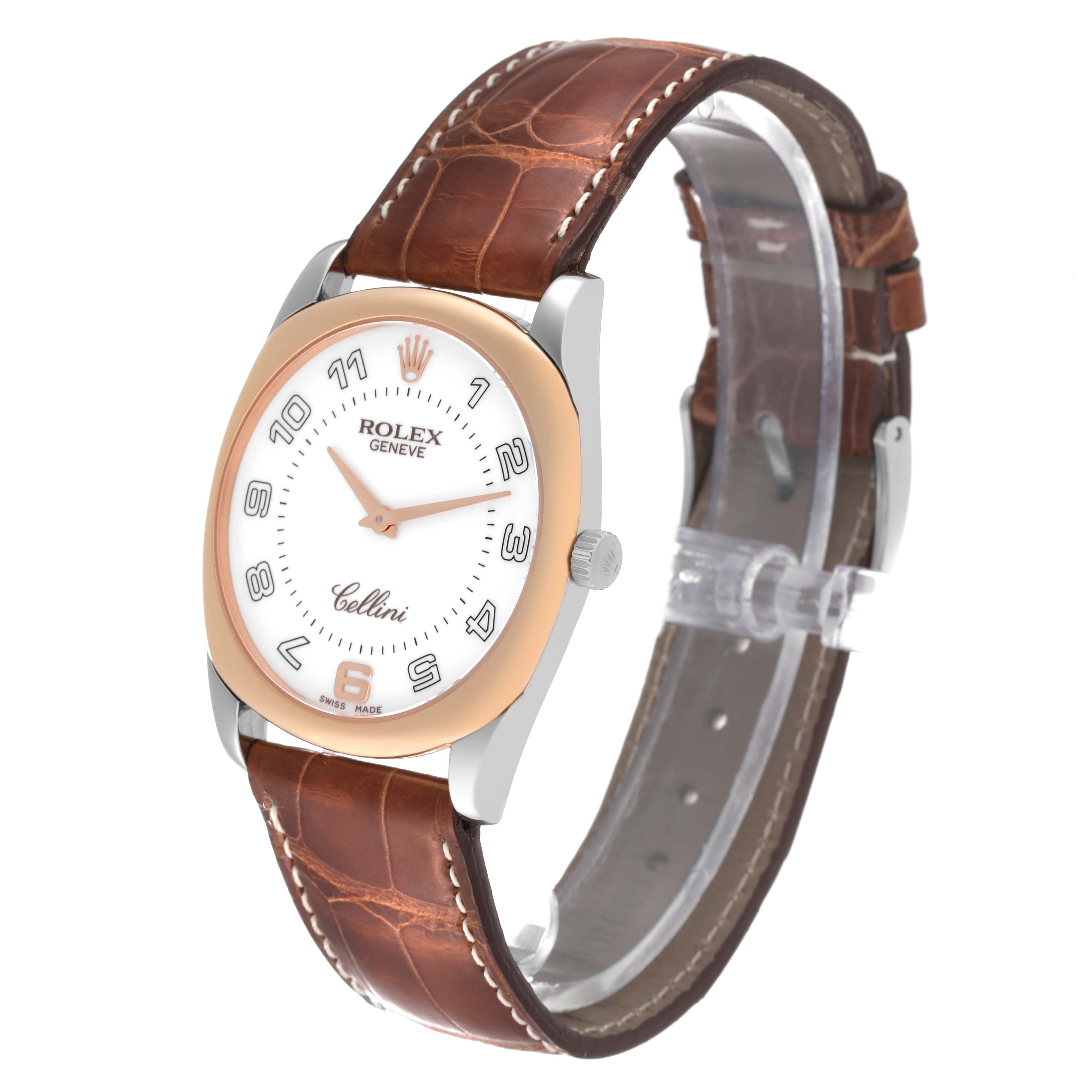 The image shows a Rolex Cellini 4233 Men's Rose Gold White Dial 4233 Men's Rose Gold White Dial watch at a three-quarter view with a brown leather strap and a white dial.