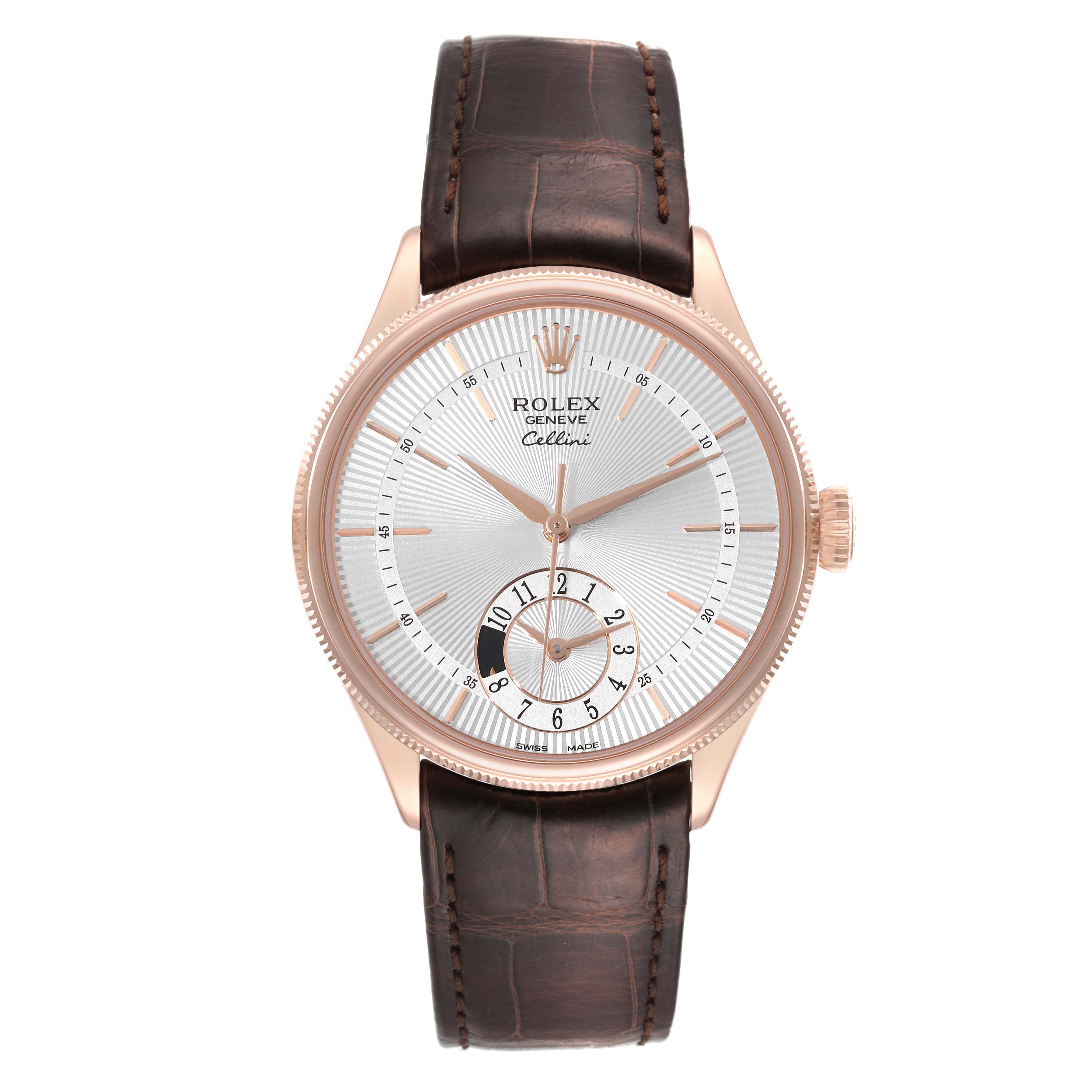 The image shows a front view of a Rolex Cellini 50525 Men's Rose Gold Silver Dial 50525 Men's Rose Gold Silver Dial watch, featuring a leather strap and a silver dial with gold accents.