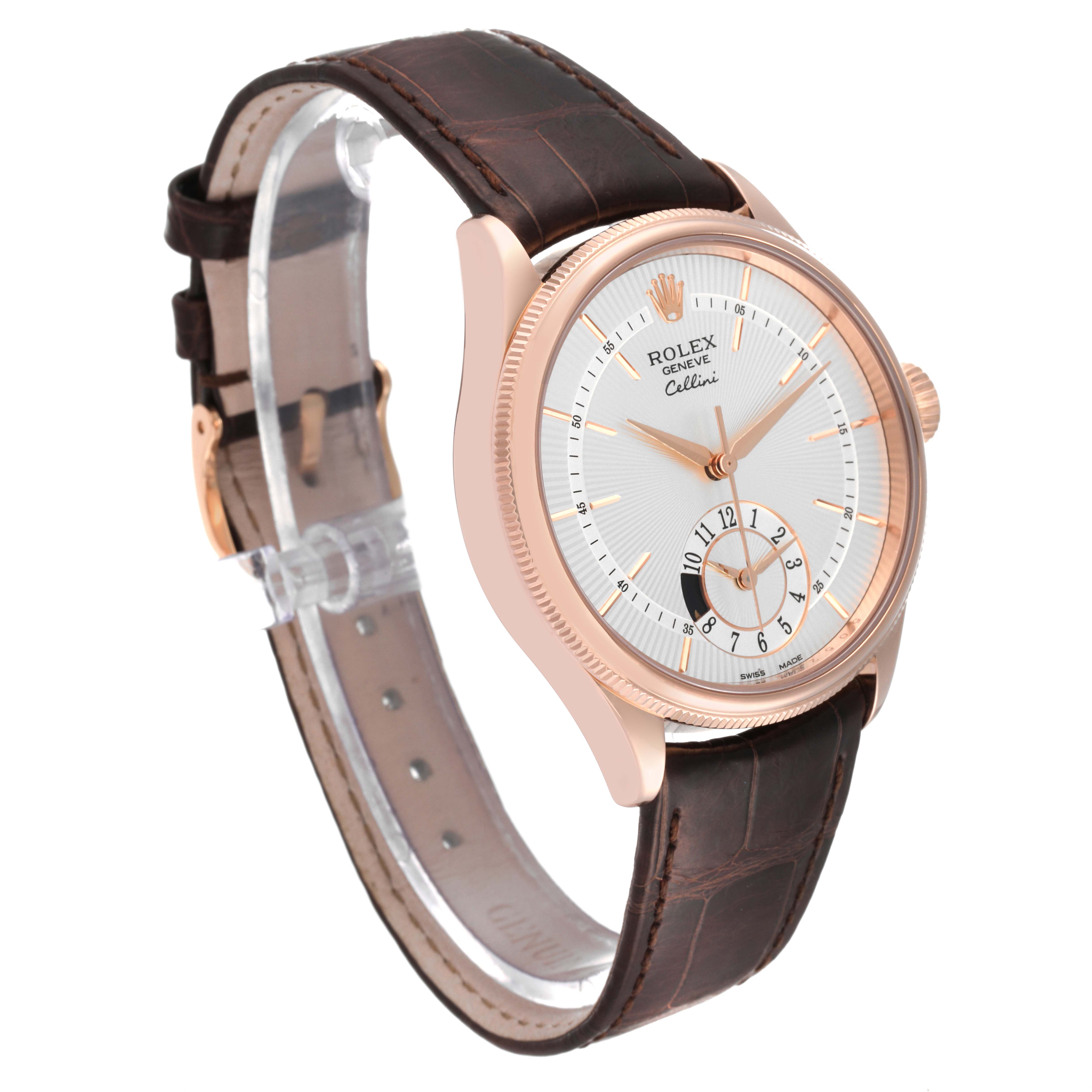 The image shows a side angle of the Rolex Cellini 50525 Men's Rose Gold Silver Dial 50525 Men's Rose Gold Silver Dial watch, highlighting its dial, rose gold case, and brown leather strap.