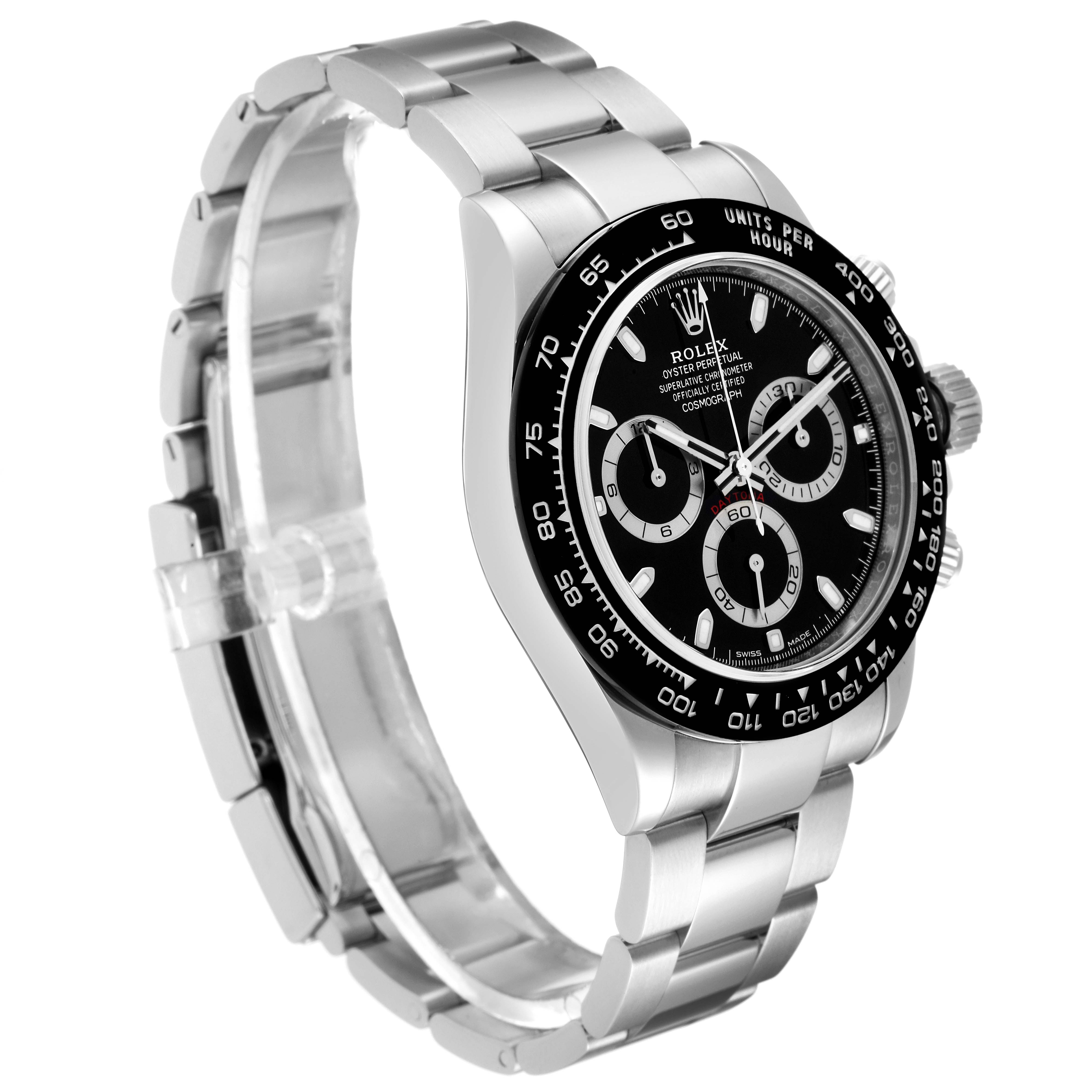 The image shows a side angle view of a Rolex Daytona 116500 Men's Stainless Steel Black Dial 116500 Men's Stainless Steel Black Dial watch, highlighting the face, bezel, crown, and bracelet.