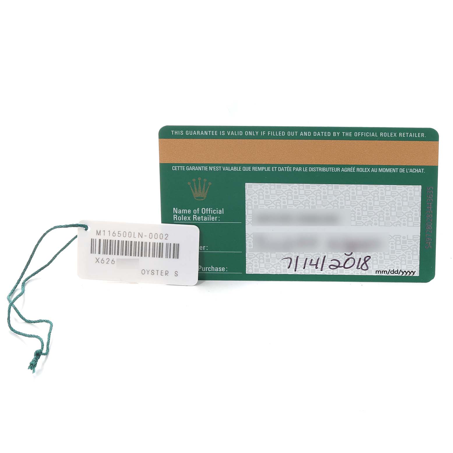 The image shows a Rolex Daytona 116500 Men's Stainless Steel Black Dial 116500 Men's Stainless Steel Black Dial warranty card and a tag with the model number M116500LN-0002.