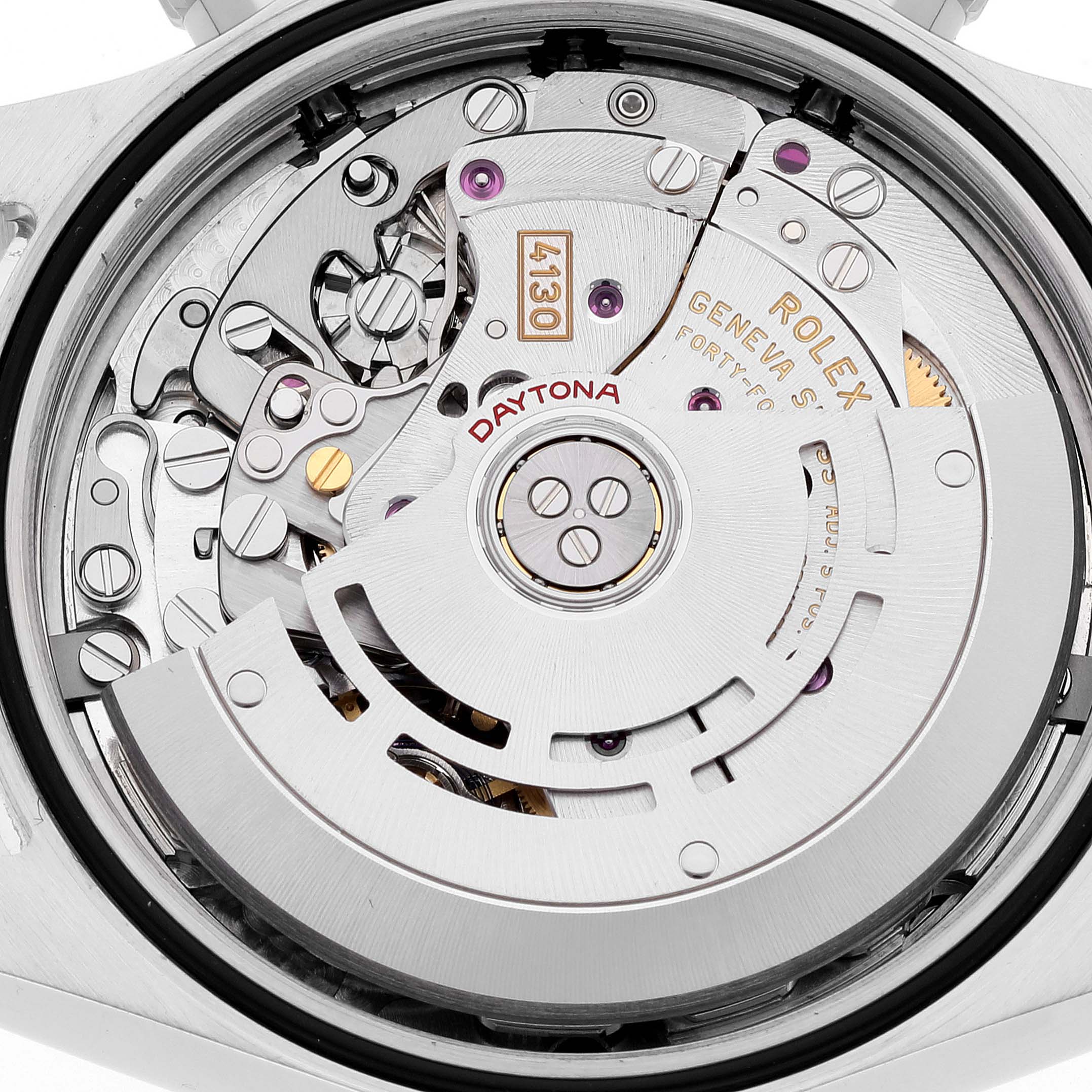 This image shows a close-up of the movement mechanism of the Rolex Daytona 116500 Men's Stainless Steel Black Dial 116500 Men's Stainless Steel Black Dial watch.