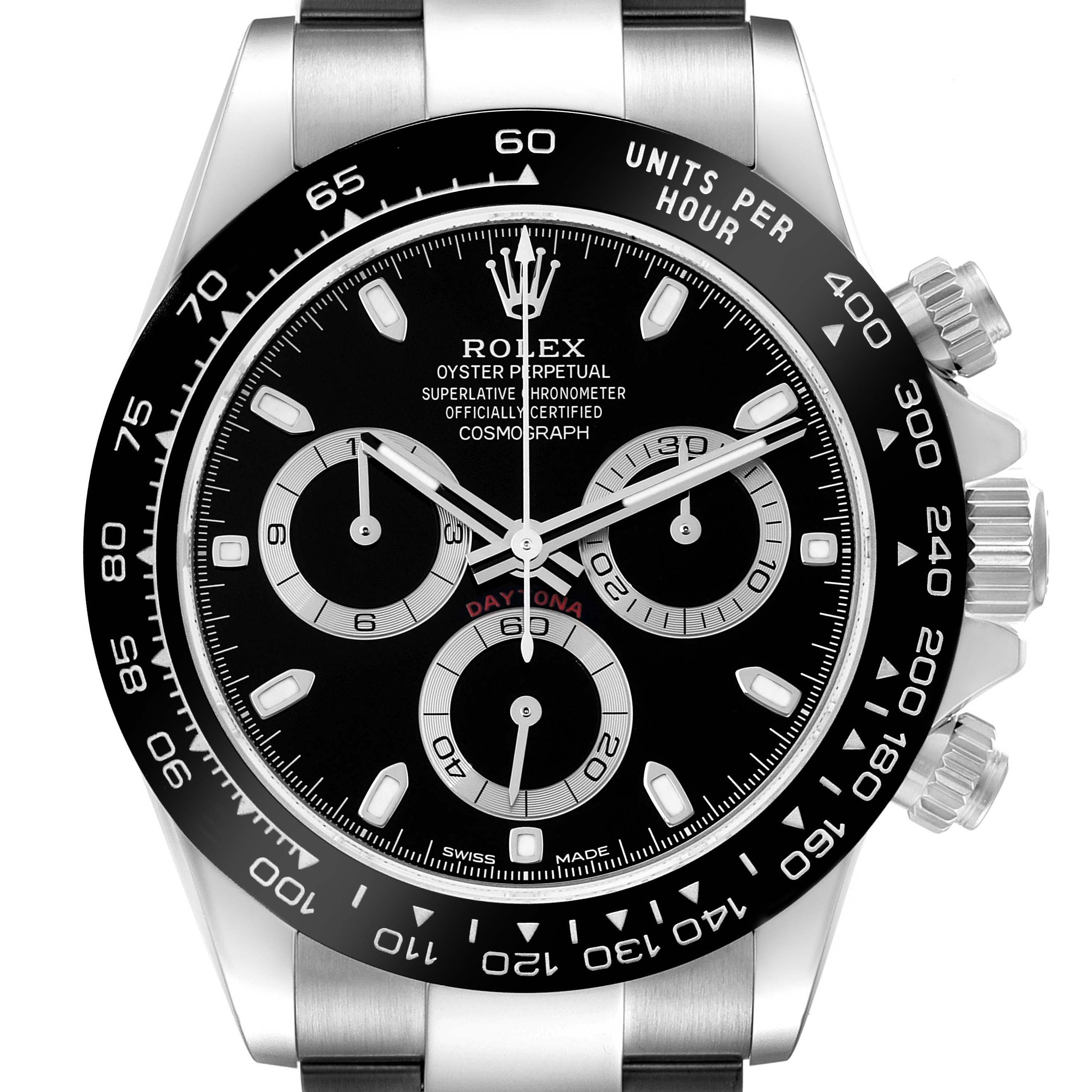 The image shows a front view of the Rolex Daytona 116500 Men's Stainless Steel Black Dial 116500 Men's Stainless Steel Black Dial watch, highlighting its black dial and three subdials.