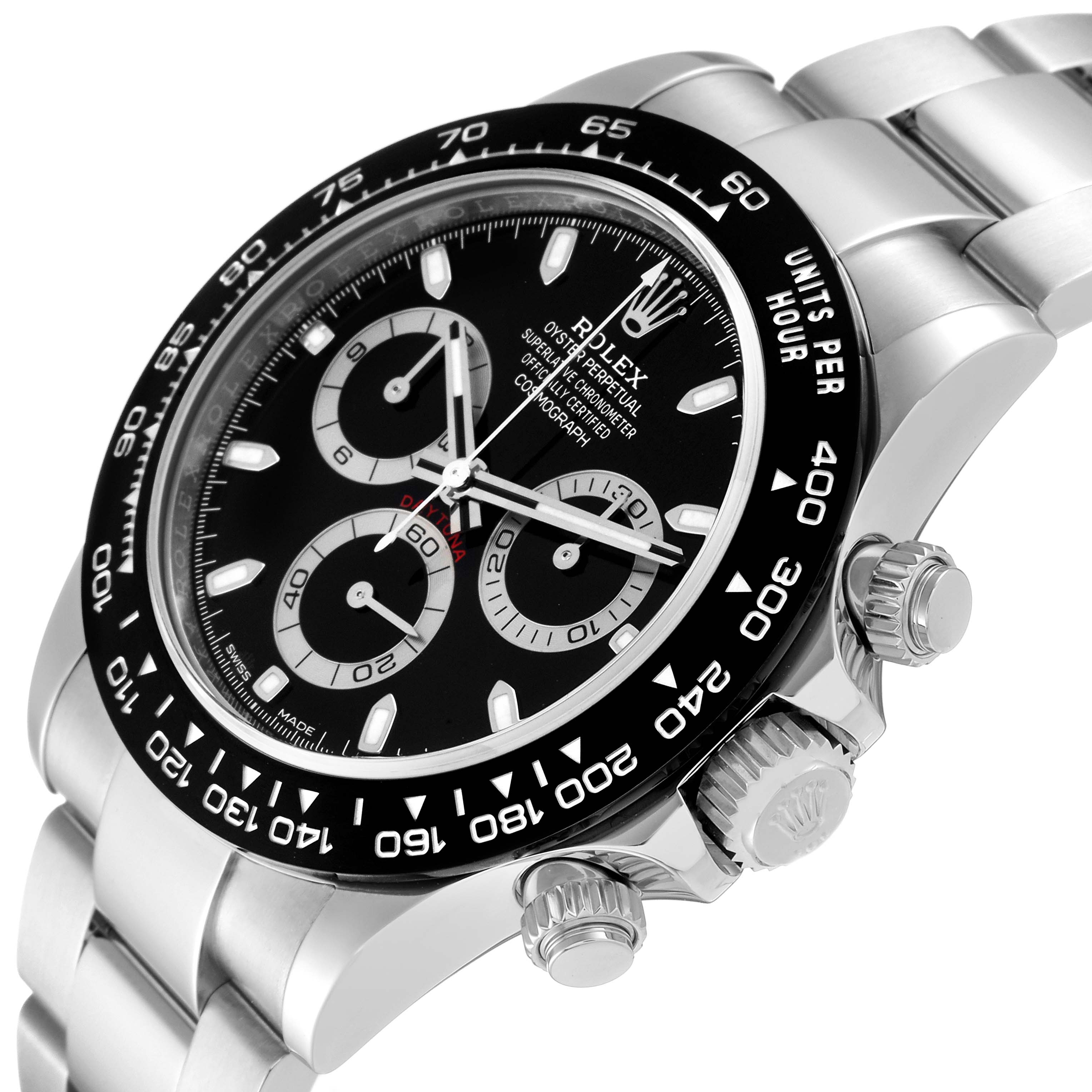 The image shows a close-up of the Rolex Daytona 116500 Men's Stainless Steel Black Dial 116500 Men's Stainless Steel Black Dial watch from an angle highlighting the bezel, dial, and crown.