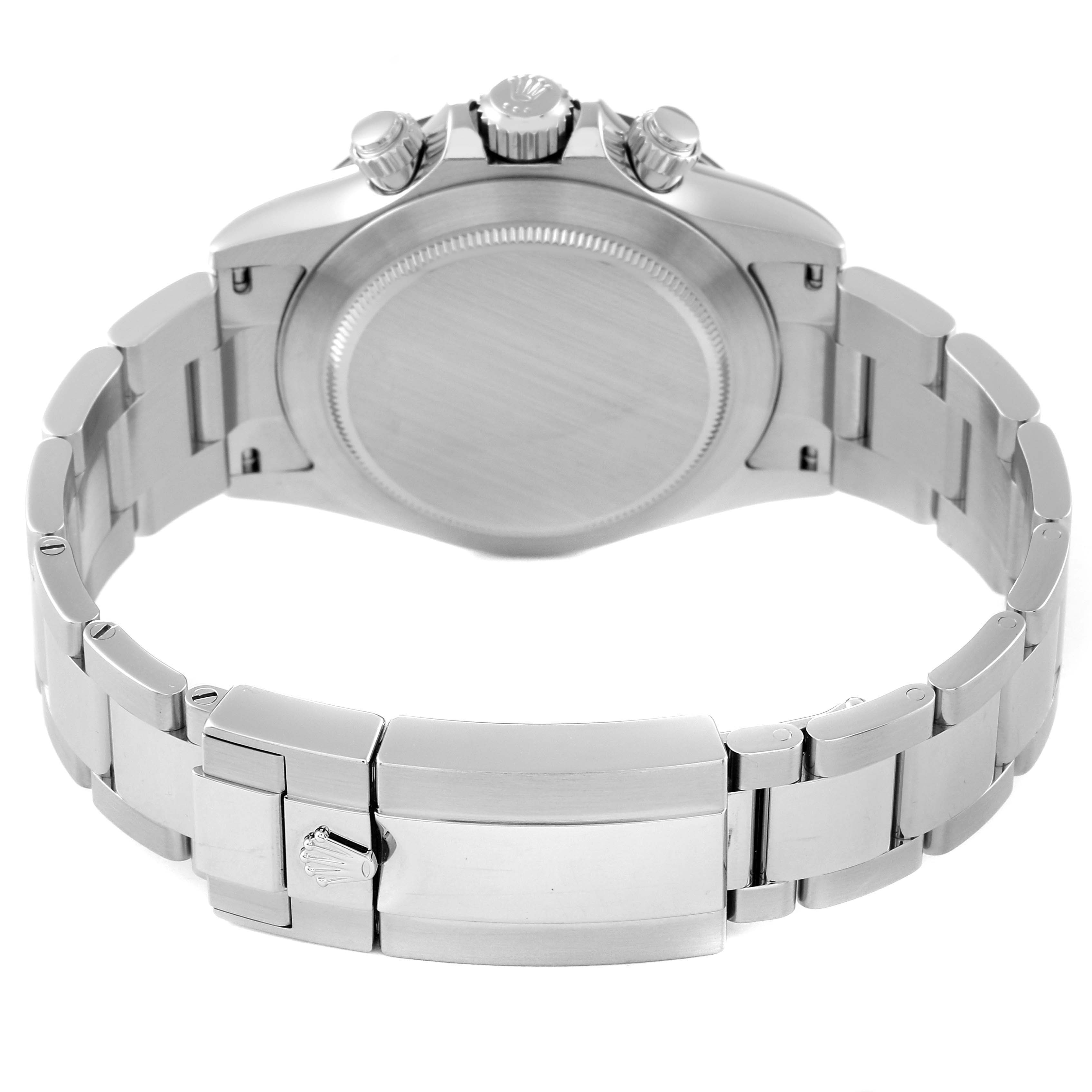 The image shows the back and clasp of a Rolex Daytona 116500 Men's Stainless Steel Black Dial 116500 Men's Stainless Steel Black Dial watch, highlighting its bracelet and caseback.