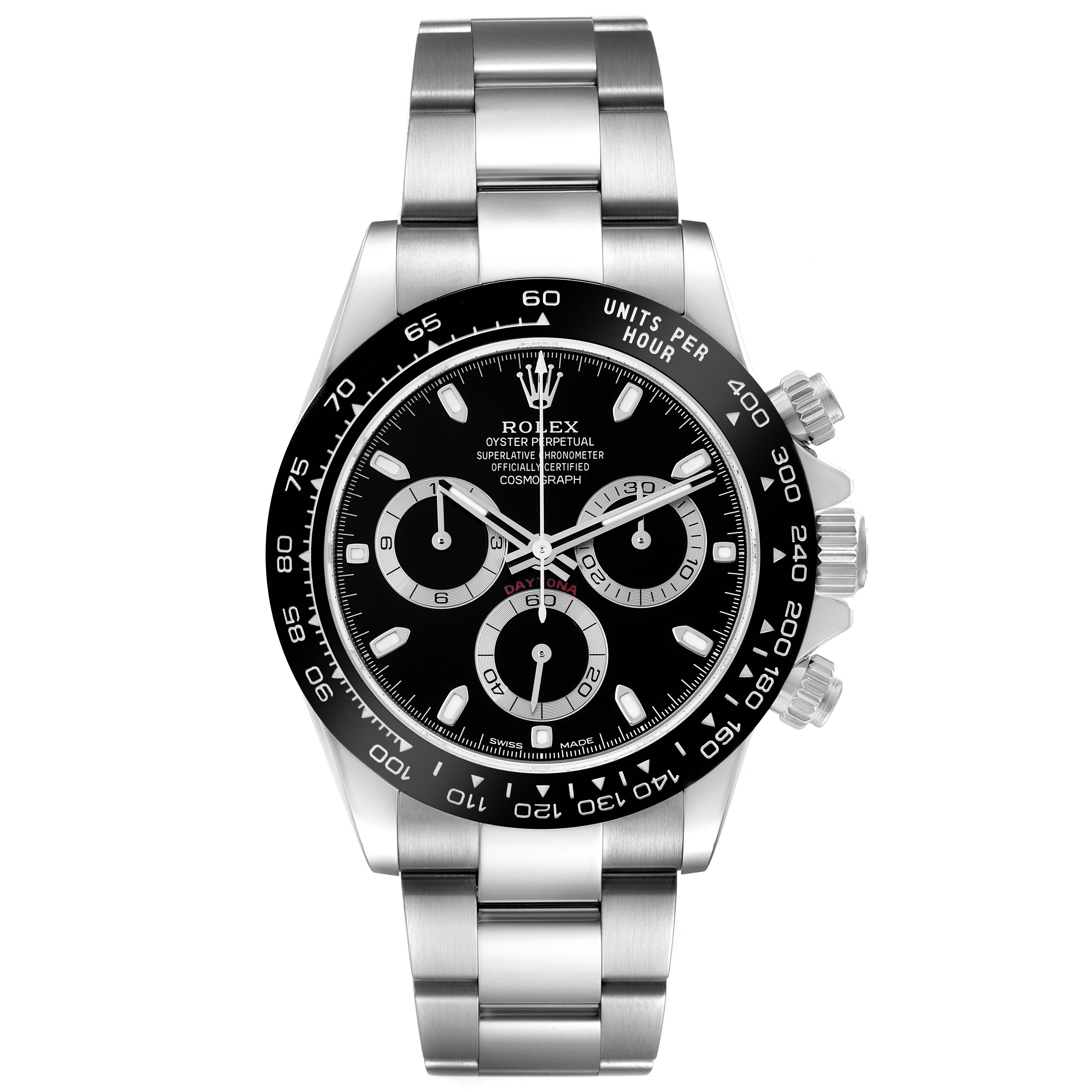 The image shows a front view of a Rolex Daytona 116500 Men's Stainless Steel Black Dial 116500 Men's Stainless Steel Black Dial watch, highlighting its dial, bezel, and bracelet.