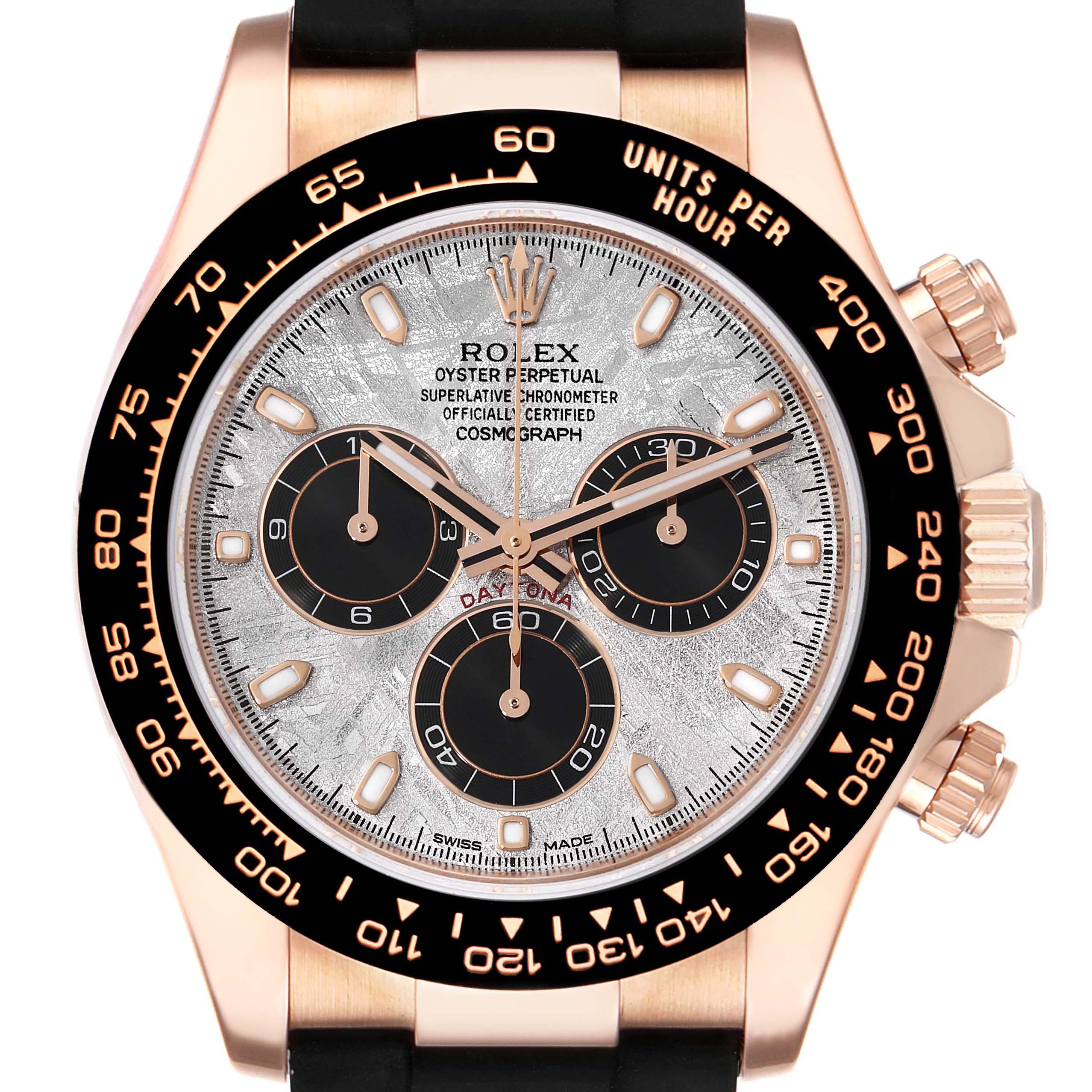 This image shows a close-up of the Rolex Daytona 116515LN Men's Rose Gold Silver Dial 116515LN Men's Rose Gold Silver Dial watch, highlighting its face, bezel, and crown.