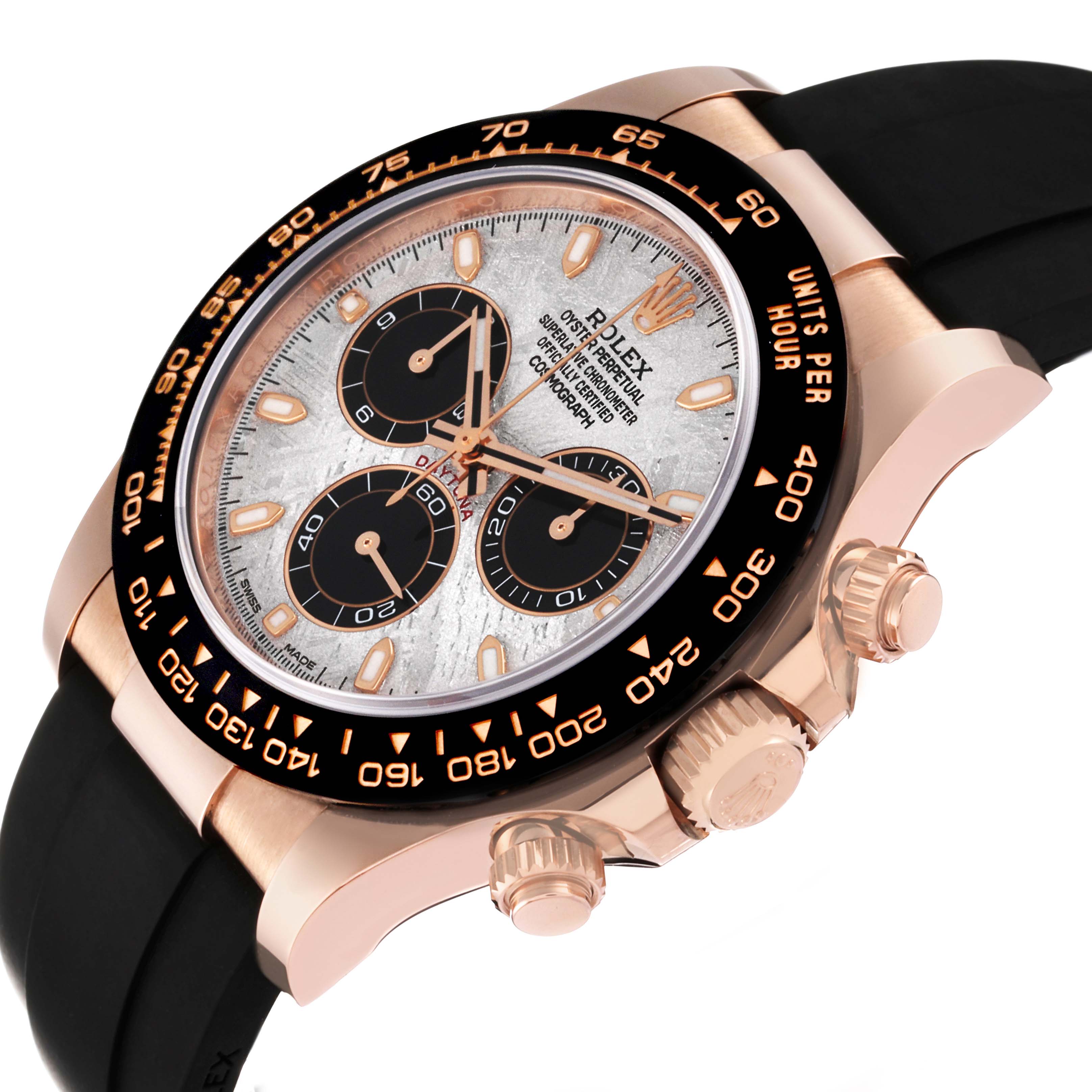 The image shows a side-angle view of the Rolex Daytona 116515LN Men's Rose Gold Silver Dial 116515LN Men's Rose Gold Silver Dial watch, highlighting the dial, bezel, and pushers.