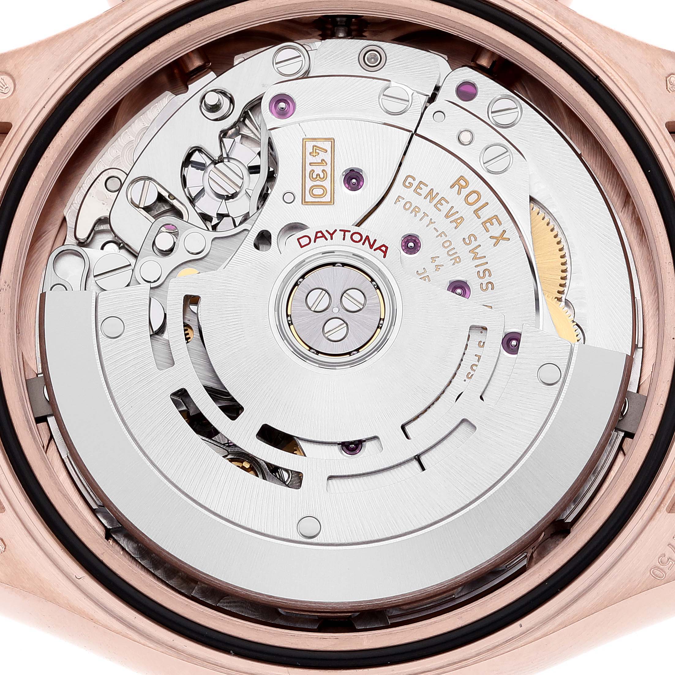 This image shows the movement mechanism of a Rolex Daytona 116515LN Men's Rose Gold Silver Dial 116515LN Men's Rose Gold Silver Dial watch from a rear view angle.