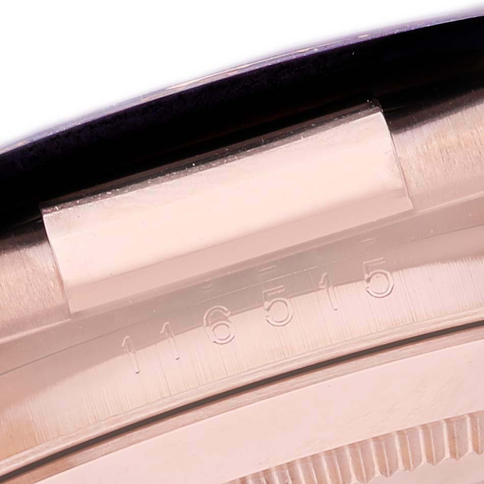 This close-up image shows the side and part of the model number engraving on the case of a Rolex Daytona 116515LN Men's Rose Gold Silver Dial 116515LN Men's Rose Gold Silver Dial watch.