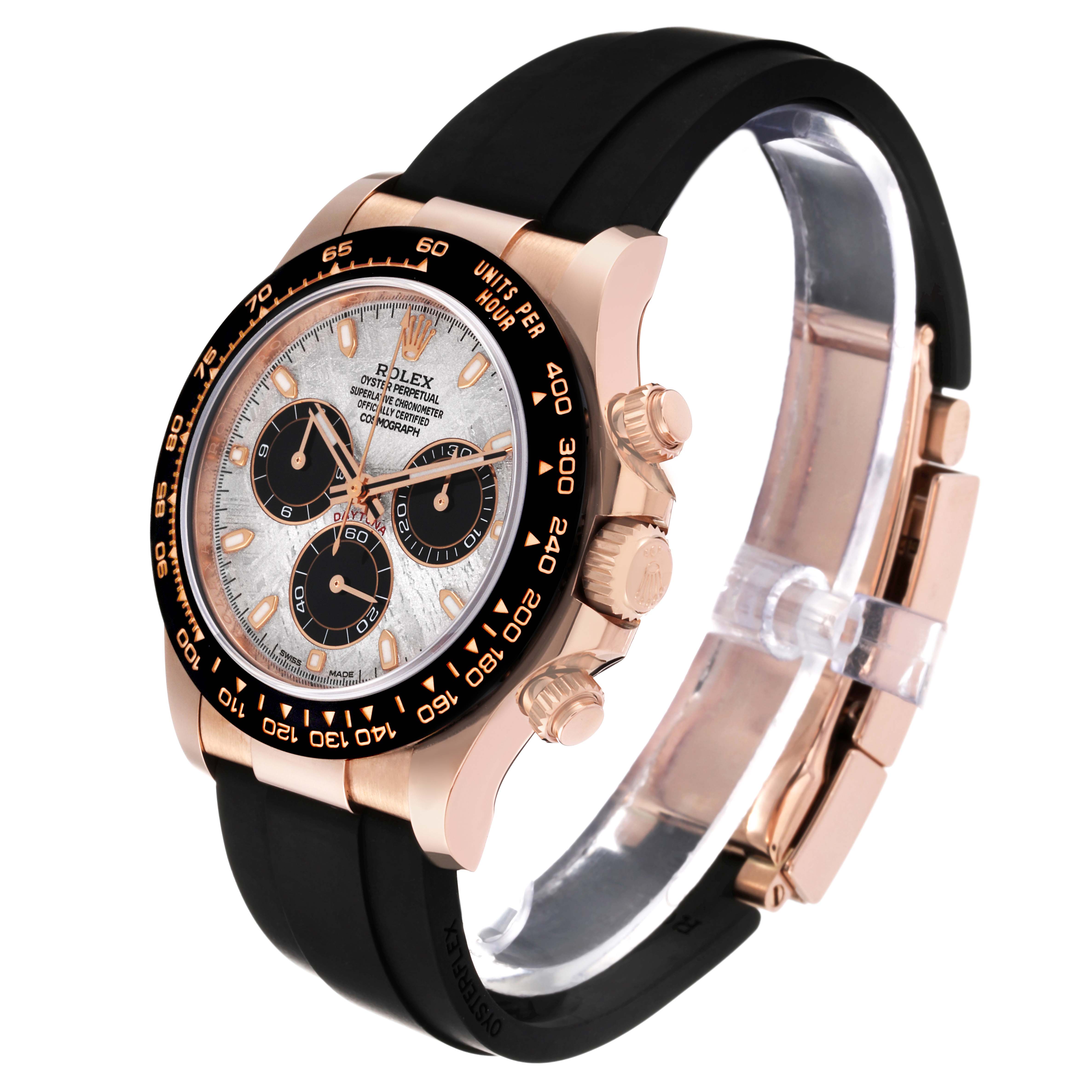 The image shows a side angle of a Rolex Daytona 116515LN Men's Rose Gold Silver Dial 116515LN Men's Rose Gold Silver Dial watch, highlighting the bezel, chronograph buttons, and black strap.