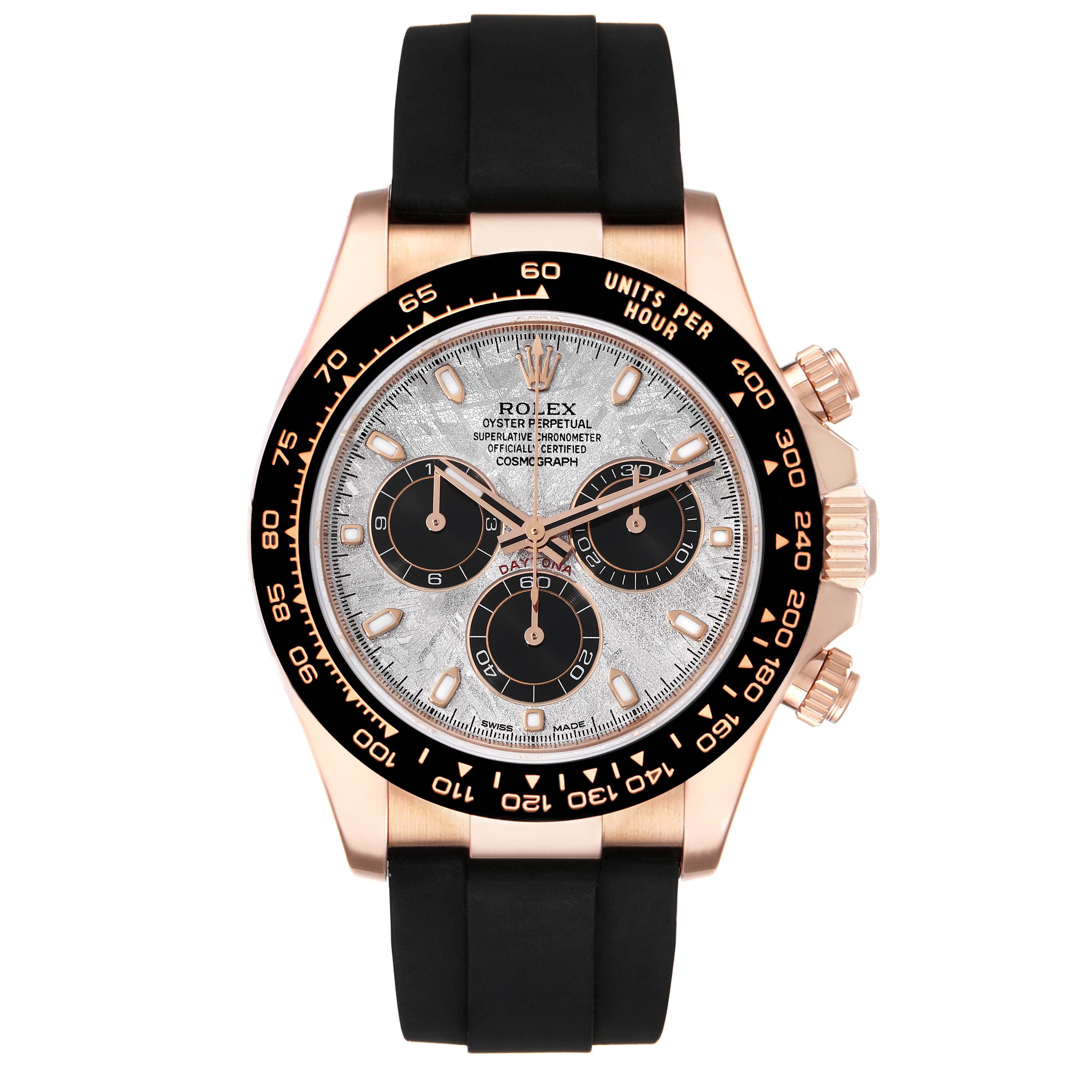 The image shows a front view of a Rolex Daytona 116515LN Men's Rose Gold Silver Dial 116515LN Men's Rose Gold Silver Dial watch, showcasing its dial, bezel, and black rubber strap.