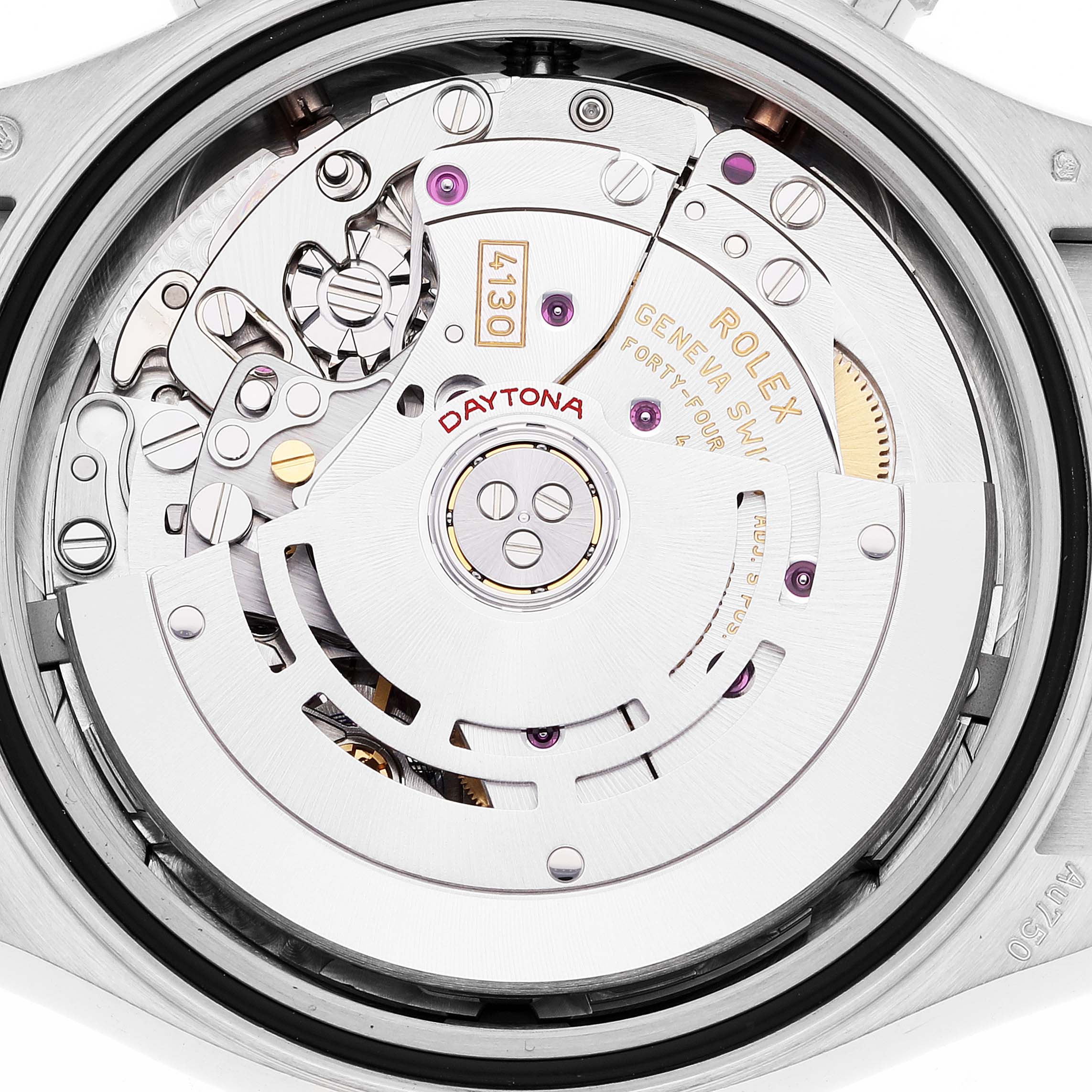 The image shows the back view of the Rolex Yacht-Master's movement, revealing intricate internal parts.
