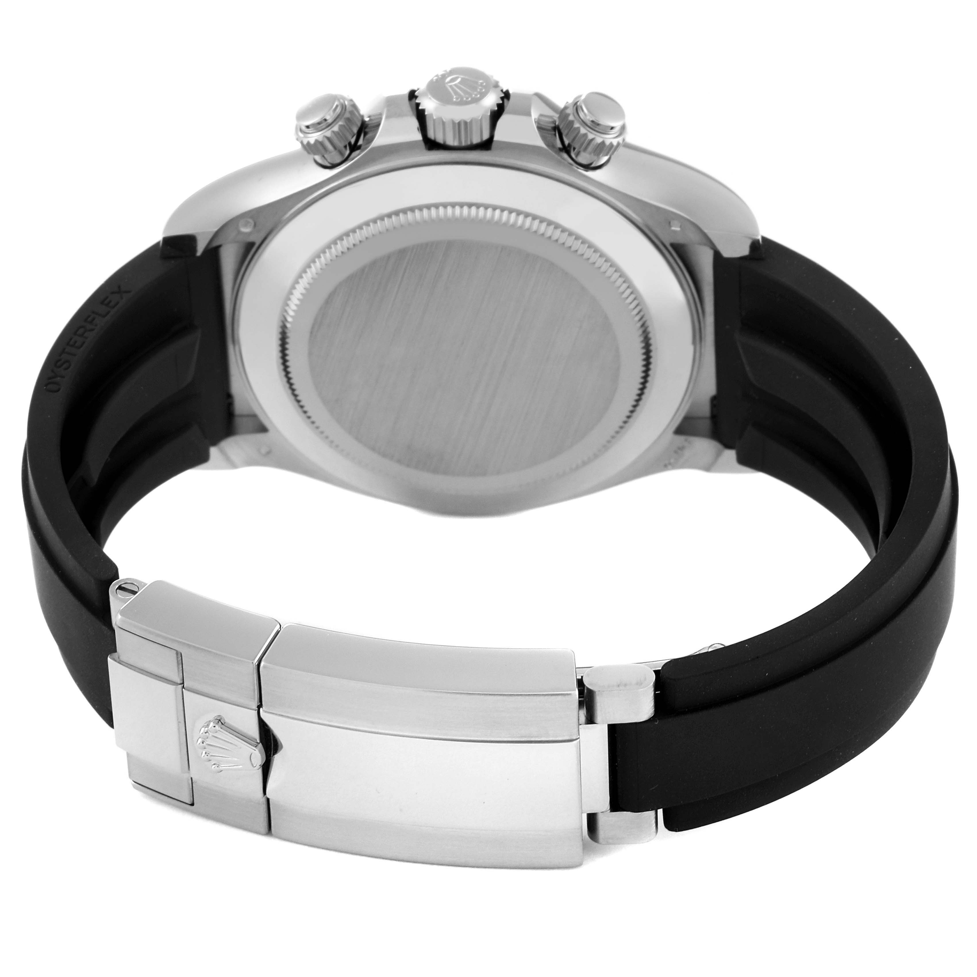 The image shows the back view of a Rolex Yacht-Master watch, displaying its case, crown, pushers, and Oysterflex bracelet.