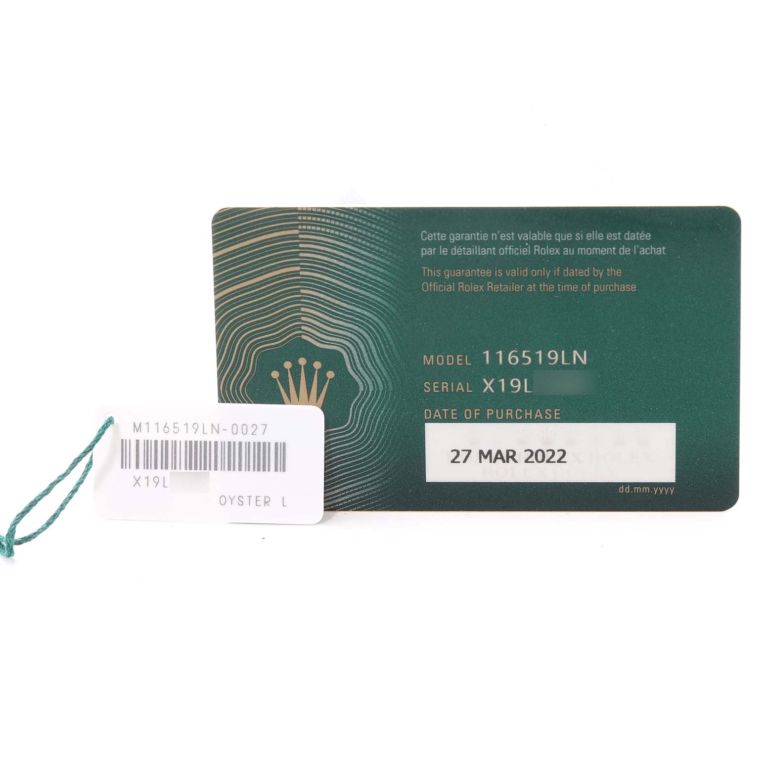 The image shows the warranty card and tag for the Rolex Yacht-Master model 116519LN, dated 27 March 2022.