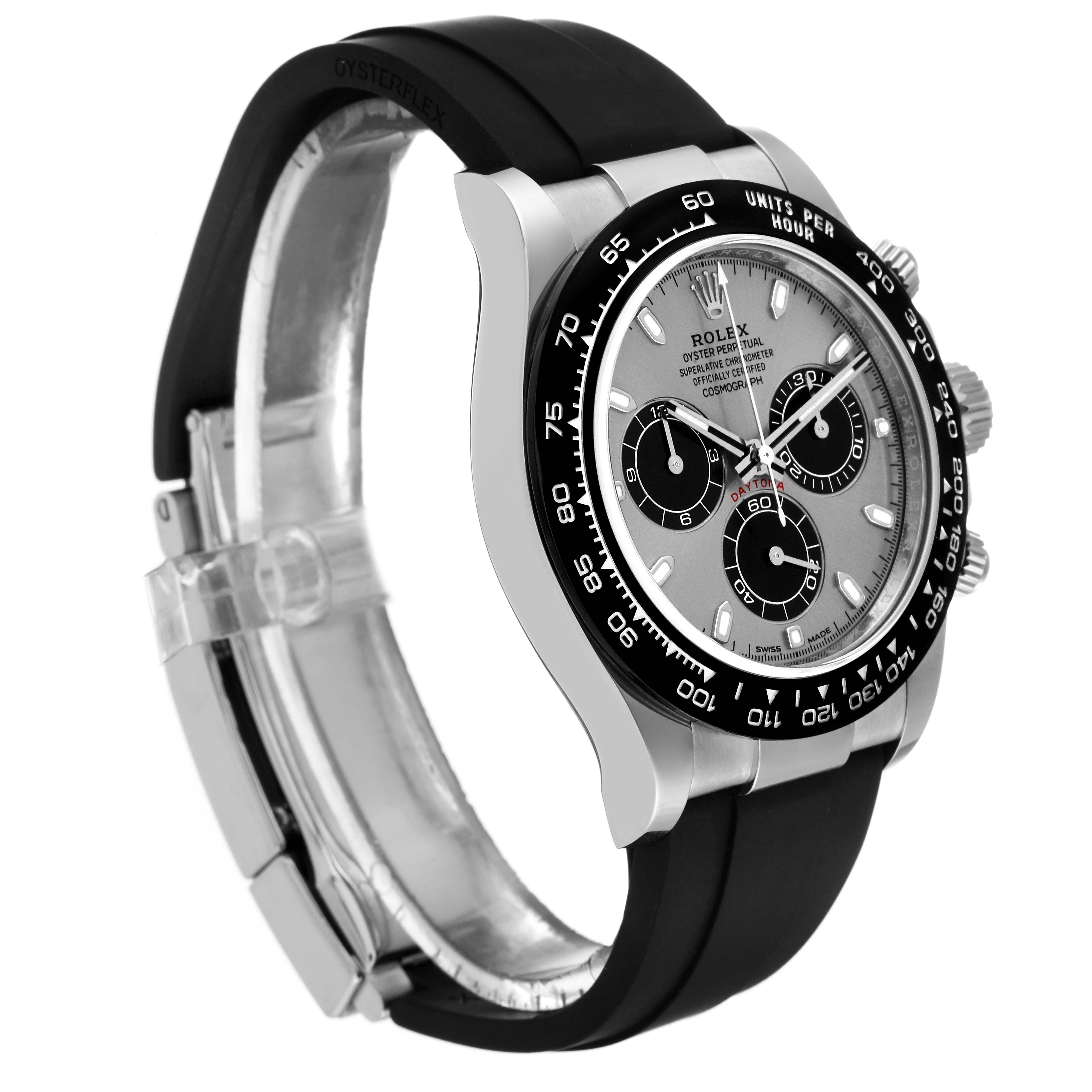 This Rolex Yacht-Master watch is shown from an angled side view, highlighting the face, bezel, and black rubber strap.