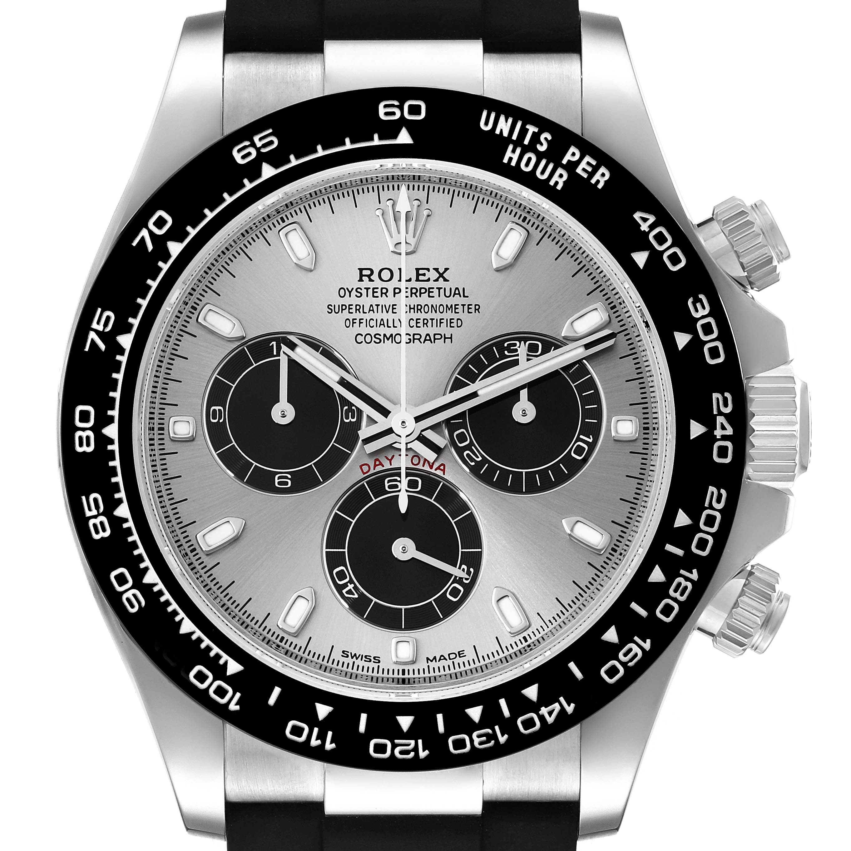 The image shows a front view of the Rolex Daytona 116519 Men's White Gold Grey Dial 116519 Men's White Gold Grey Dial watch, featuring the dial, bezel, and chronograph sub-dials.