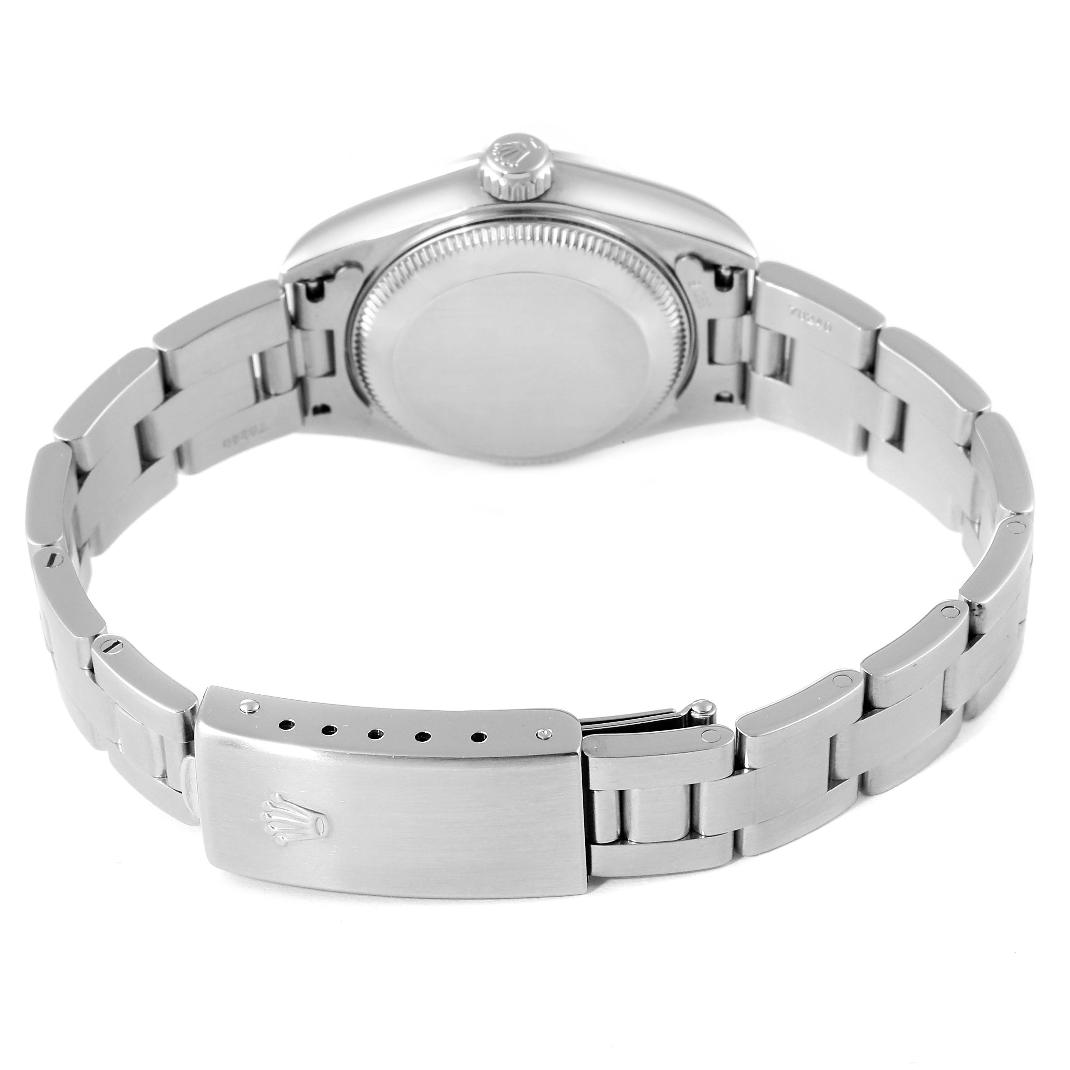 This image shows the back view of the Rolex Date 79160 Women's Stainless Steel White Dial 79160 Women's Stainless Steel White Dial model, highlighting the clasp and bracelet.