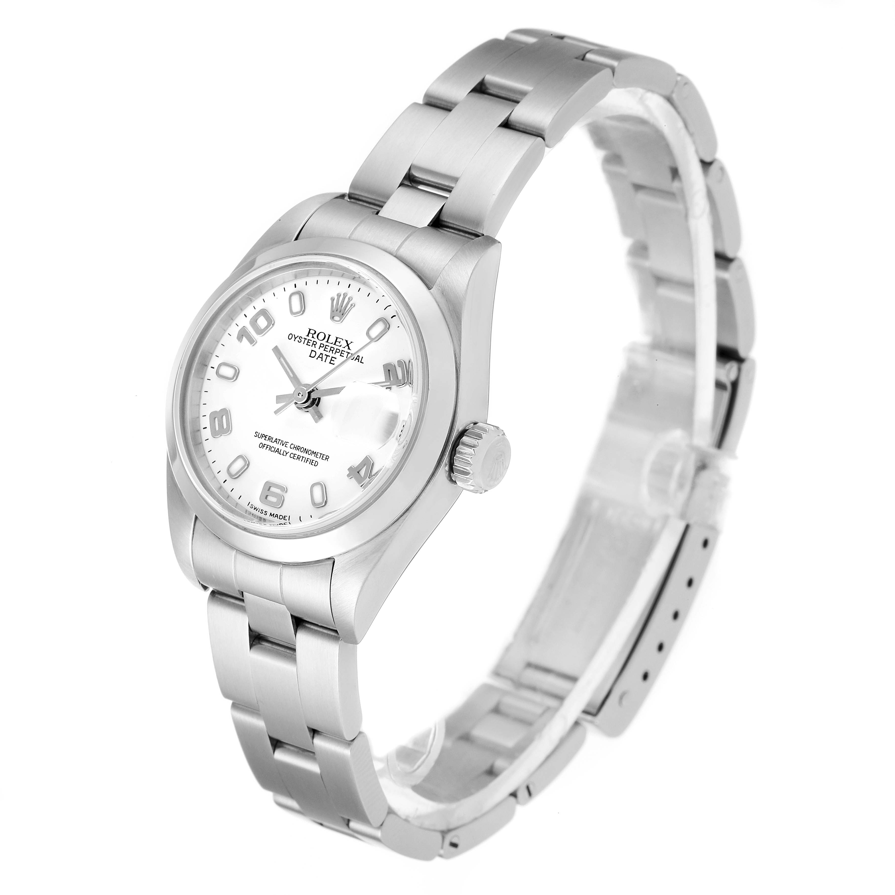 The image shows a side angle view of a Rolex Date 79160 Women's Stainless Steel White Dial 79160 Women's Stainless Steel White Dial model, highlighting the watch face, crown, and bracelet.