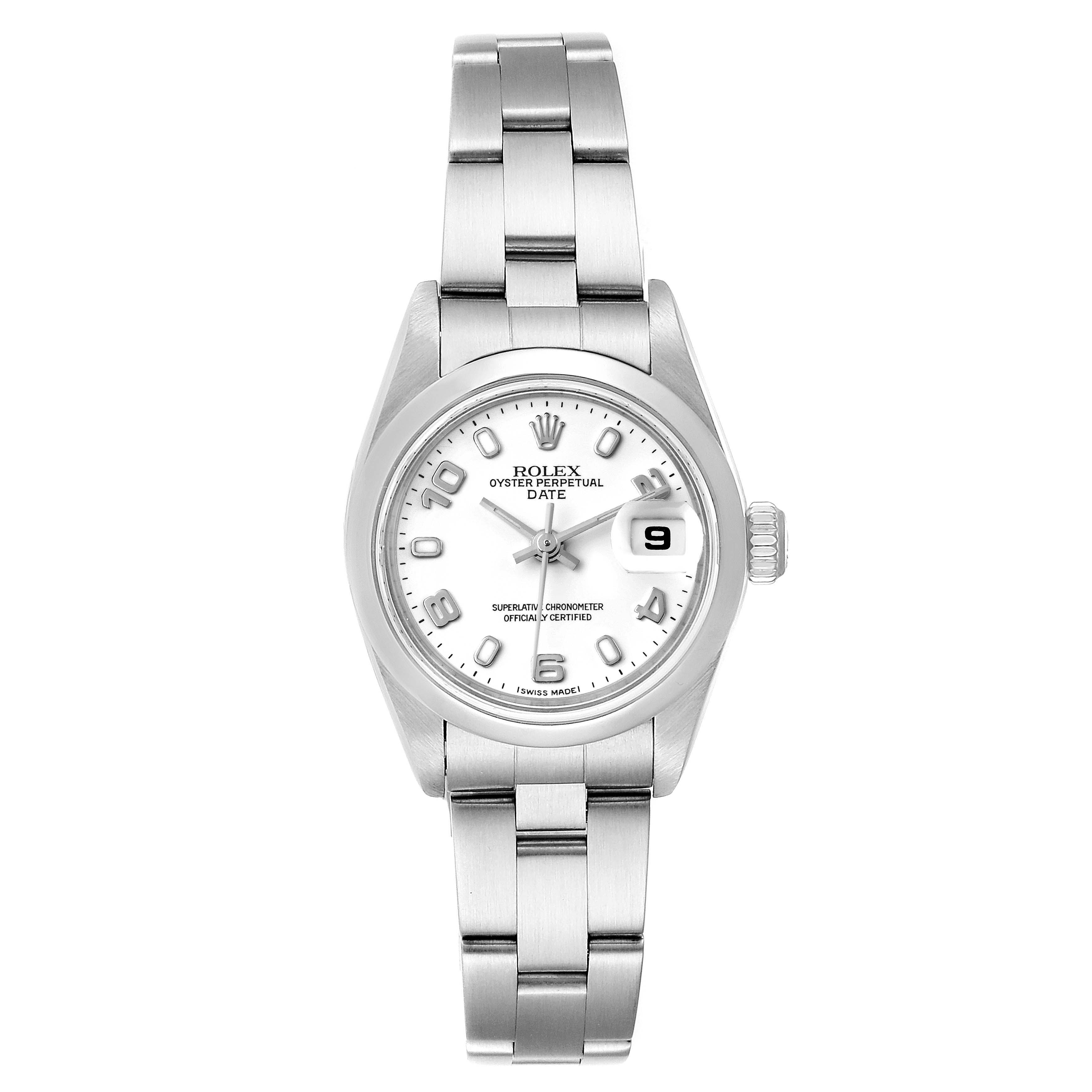 This image shows a Rolex Date 79160 Women's Stainless Steel White Dial 79160 Women's Stainless Steel White Dial watch from a front angle, highlighting its face, bracelet, and digital date display.