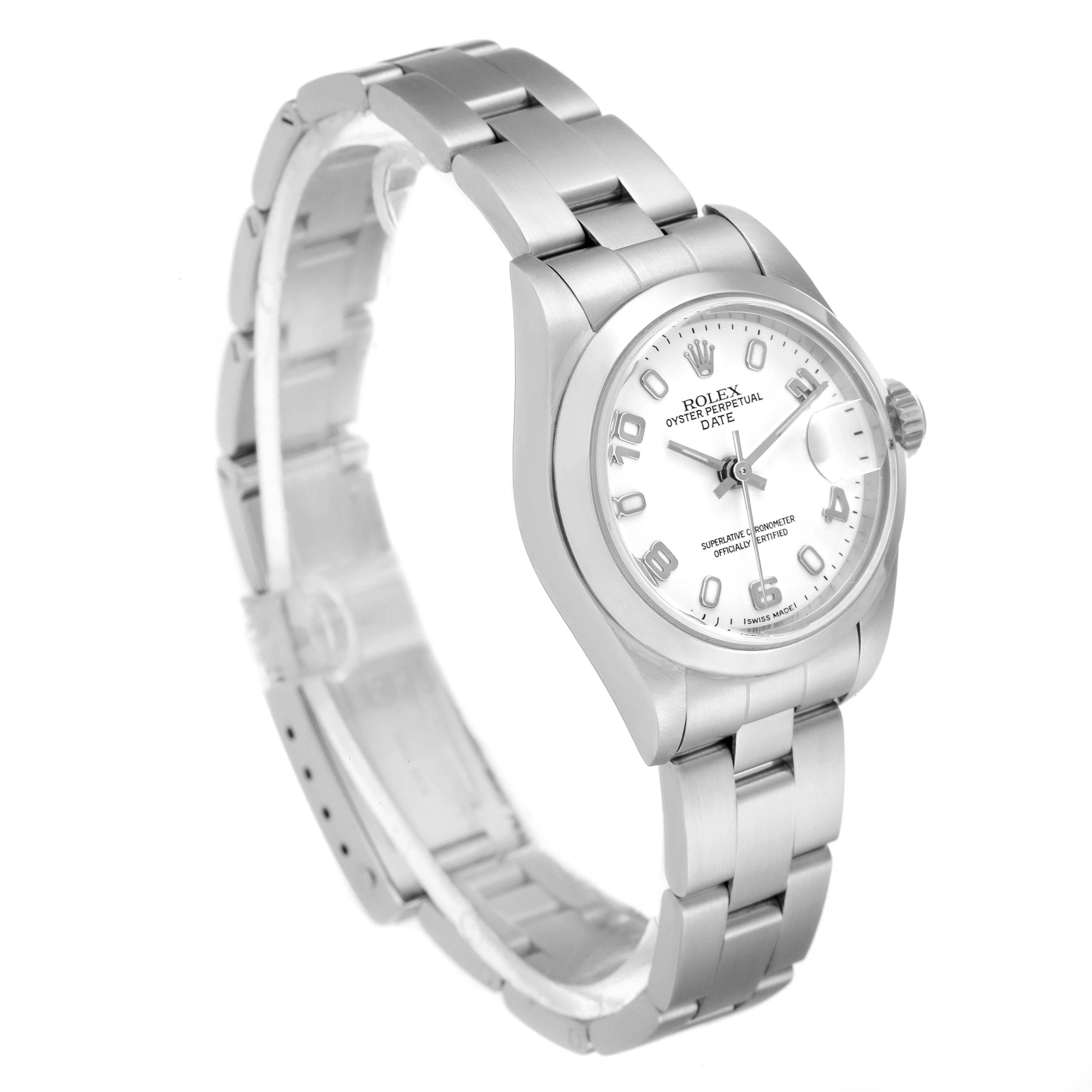 The image shows a Rolex Date 79160 Women's Stainless Steel White Dial 79160 Women's Stainless Steel White Dial model watch angled to display the face, crown, and partially open bracelet.